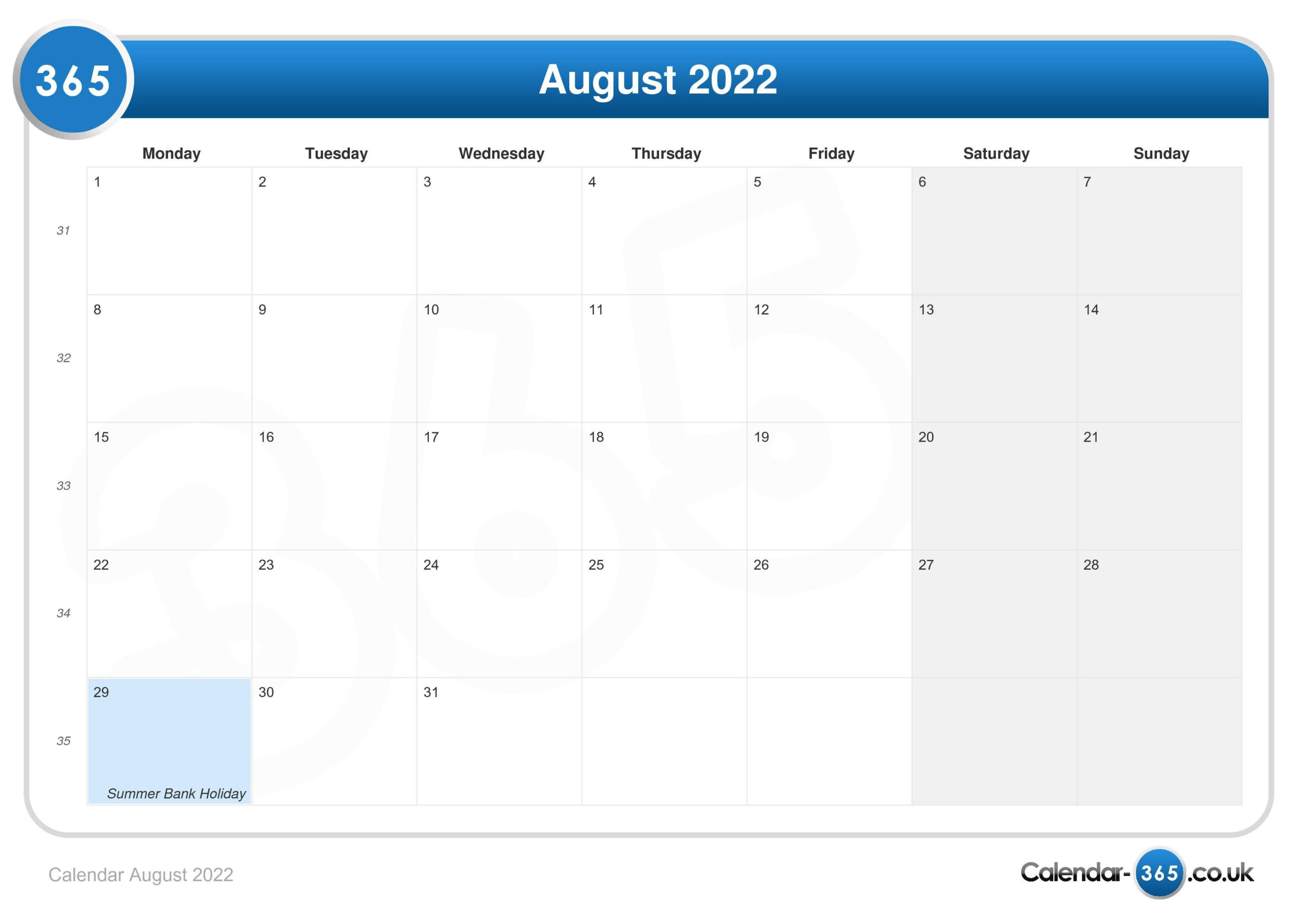 Calendar August 2022