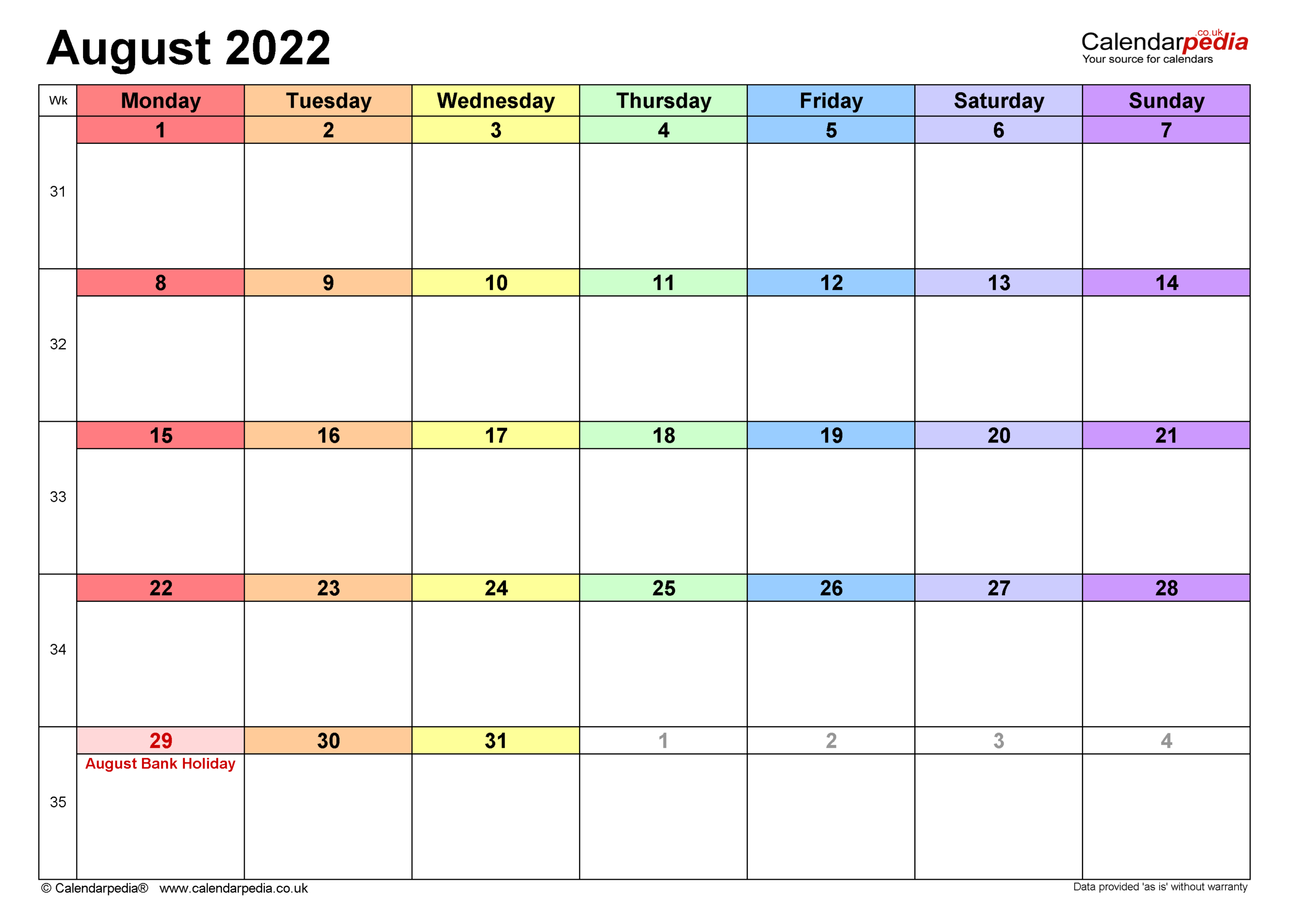 Calendar August 2022 Uk With Excel, Word And Pdf Templates