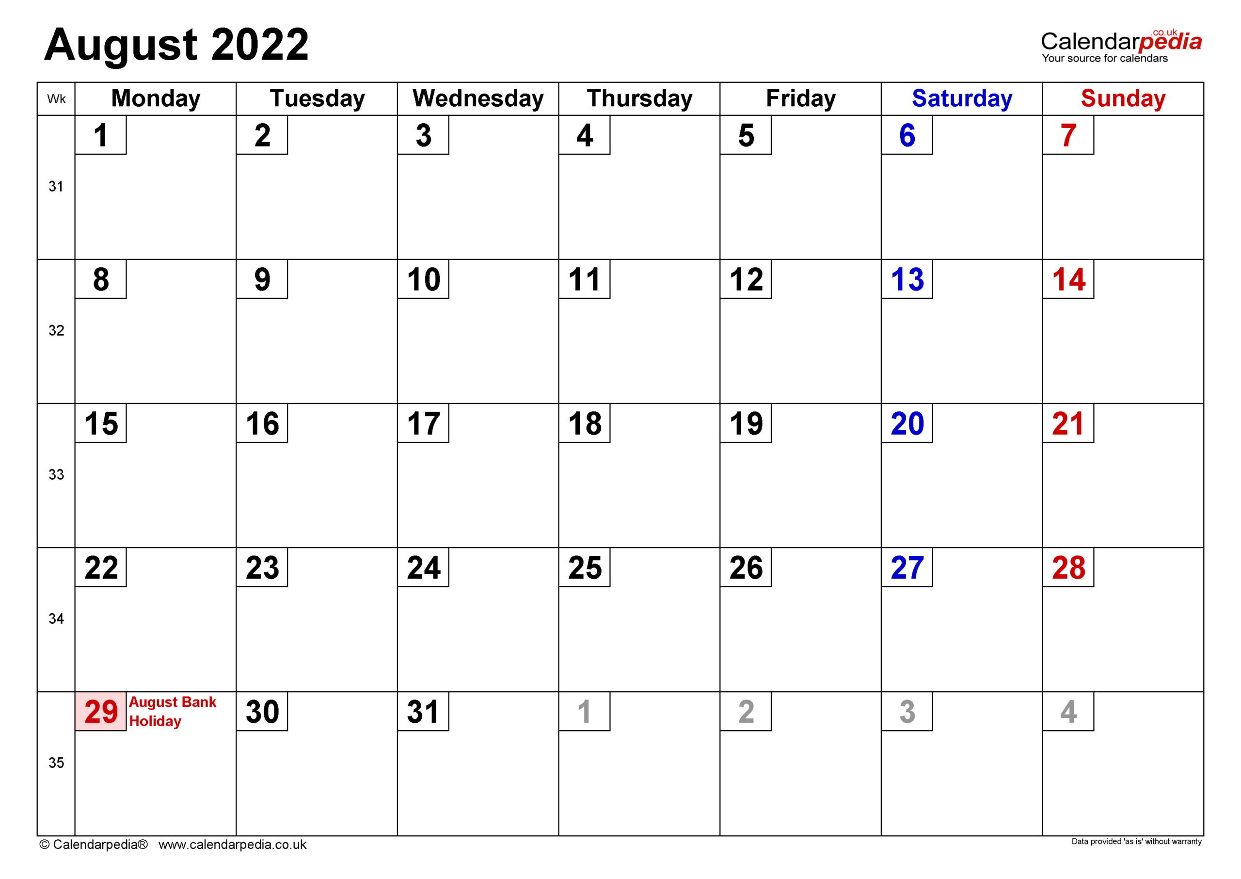 Calendar August 2022 Uk With Excel, Word And Pdf Templates