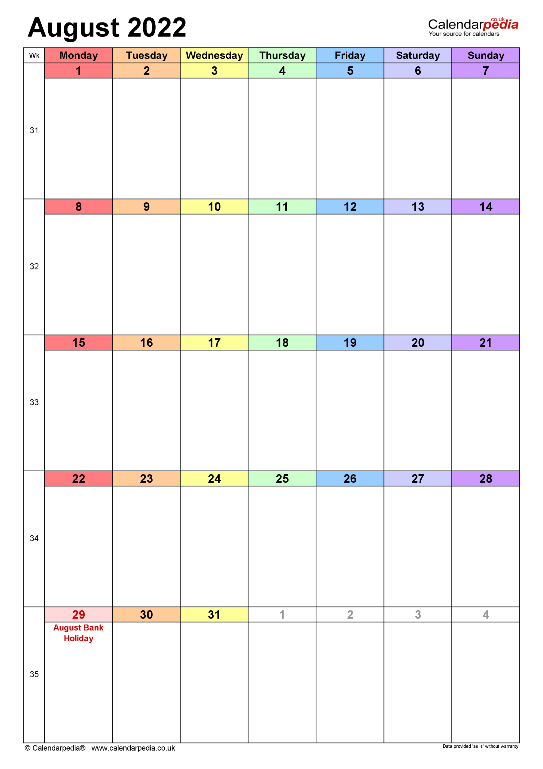 Calendar August 2022 Uk With Excel, Word And Pdf Templates