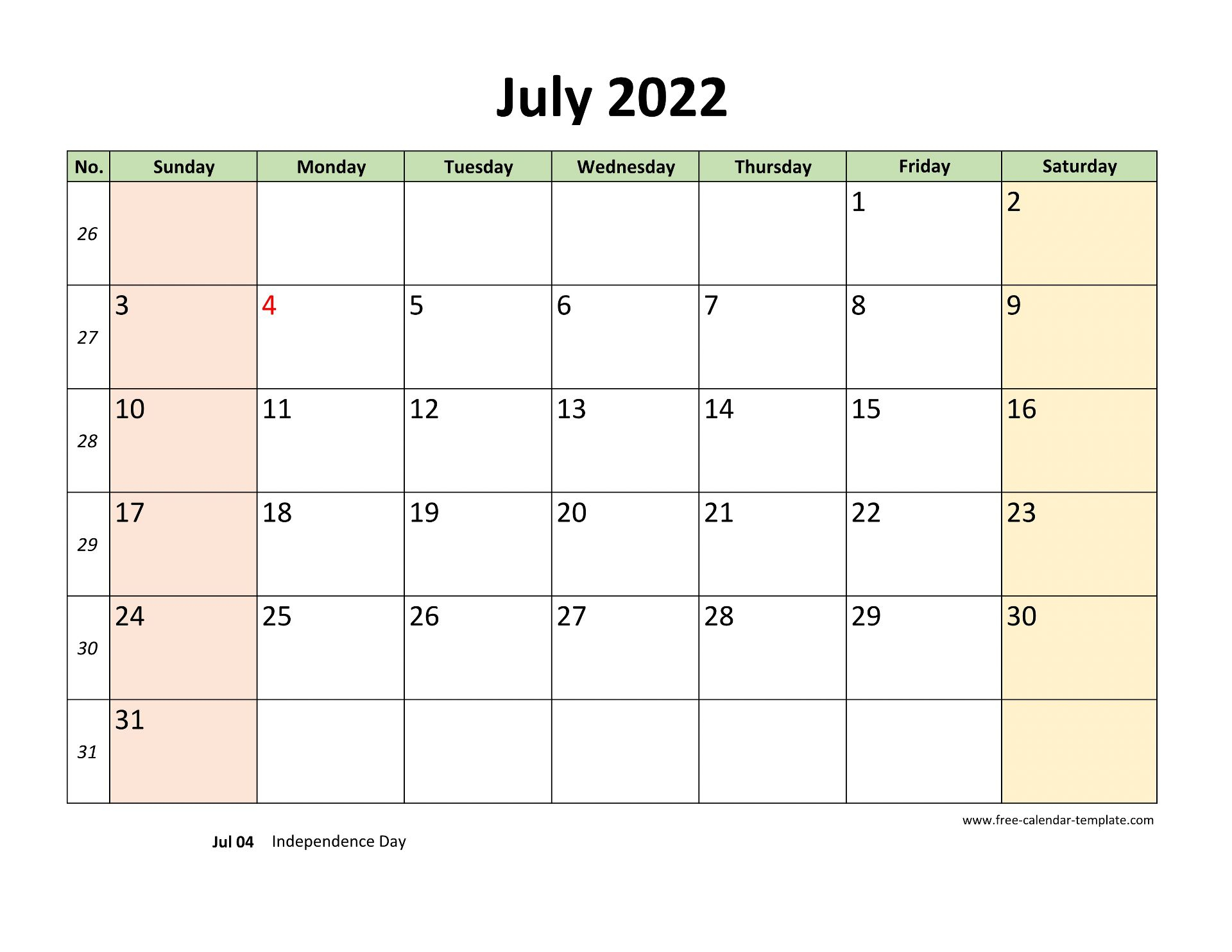 Calendar July 2022 Printable - July 2021 To June 2022
