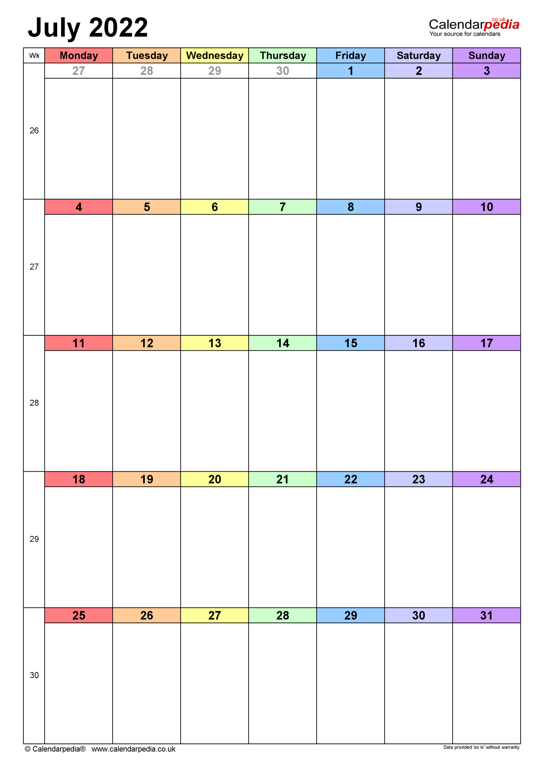 Calendar July 2022 Uk With Excel, Word And Pdf Templates