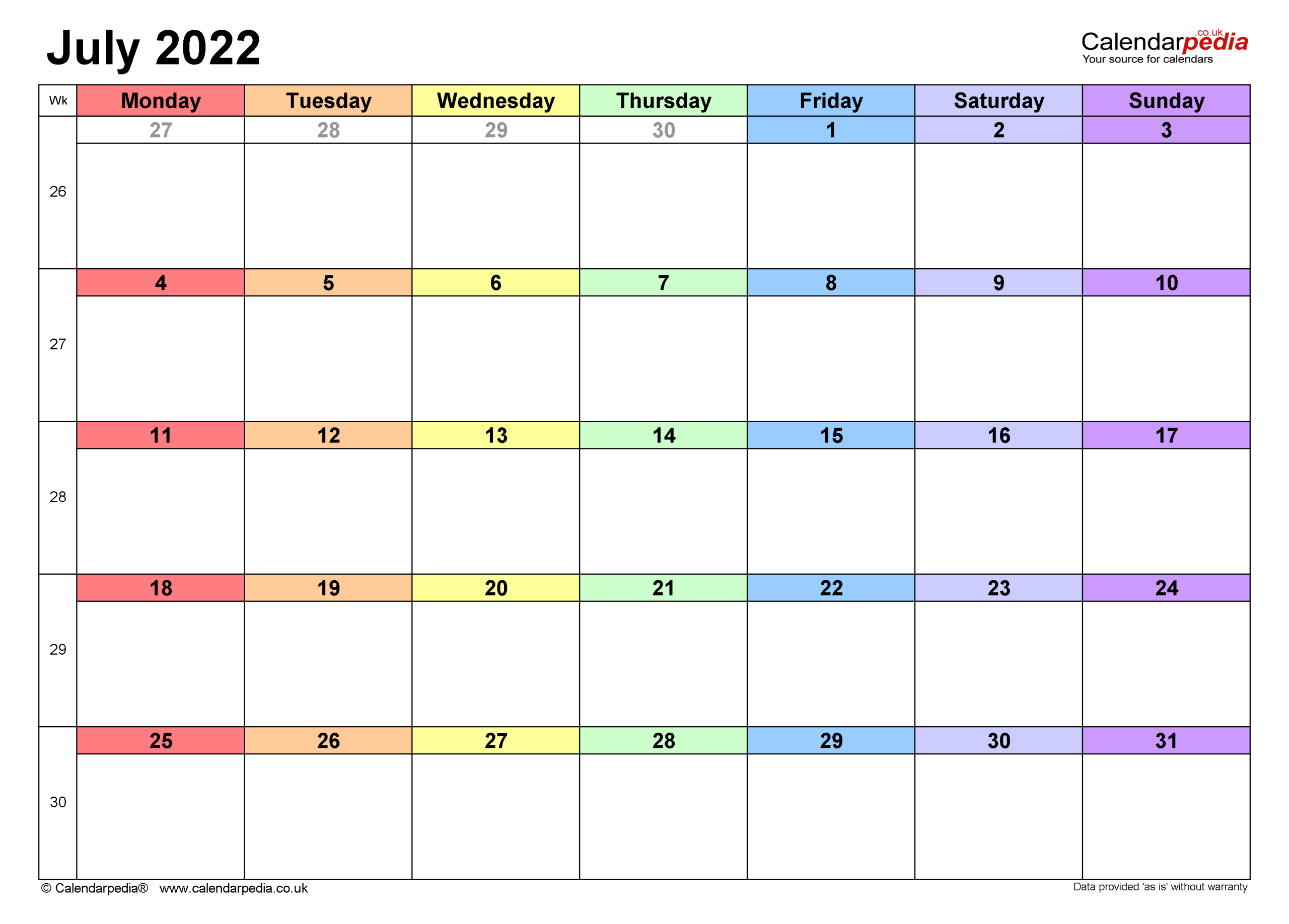 Calendar July 2022 (Uk) With Excel, Word And Pdf Templates