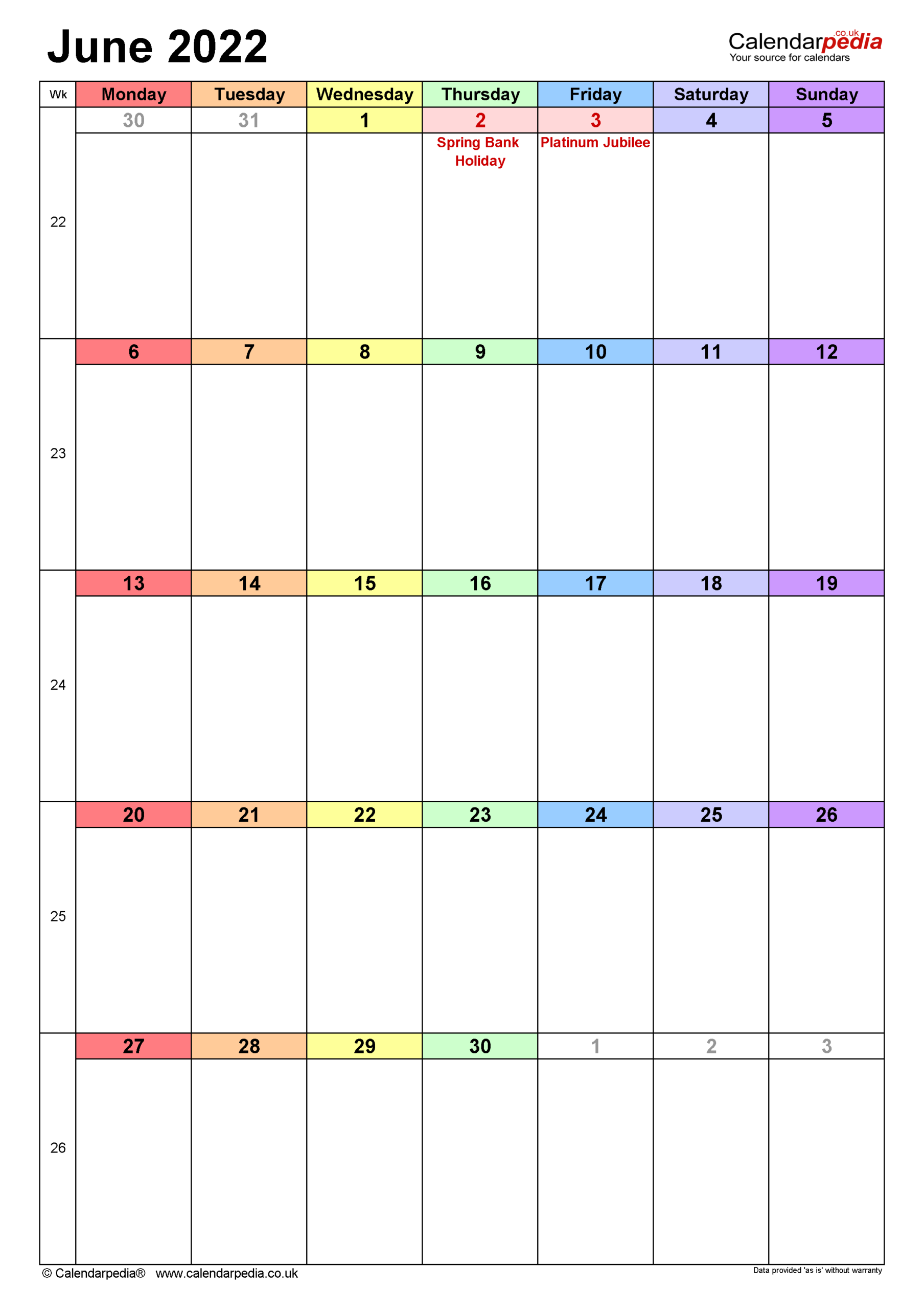 Calendar June 2022 Uk With Excel, Word And Pdf Templates