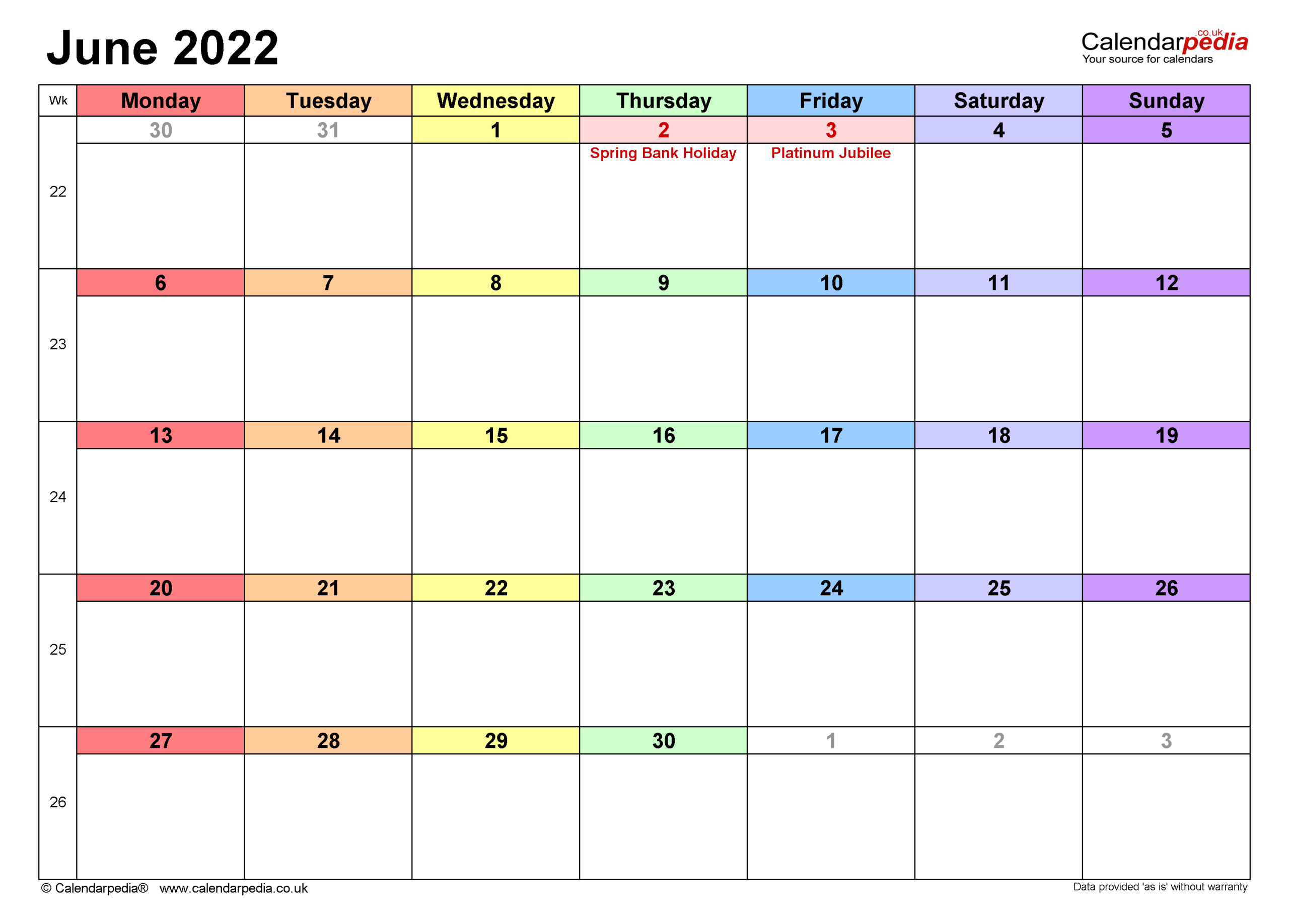 Calendar June 2022 Uk With Excel, Word And Pdf Templates