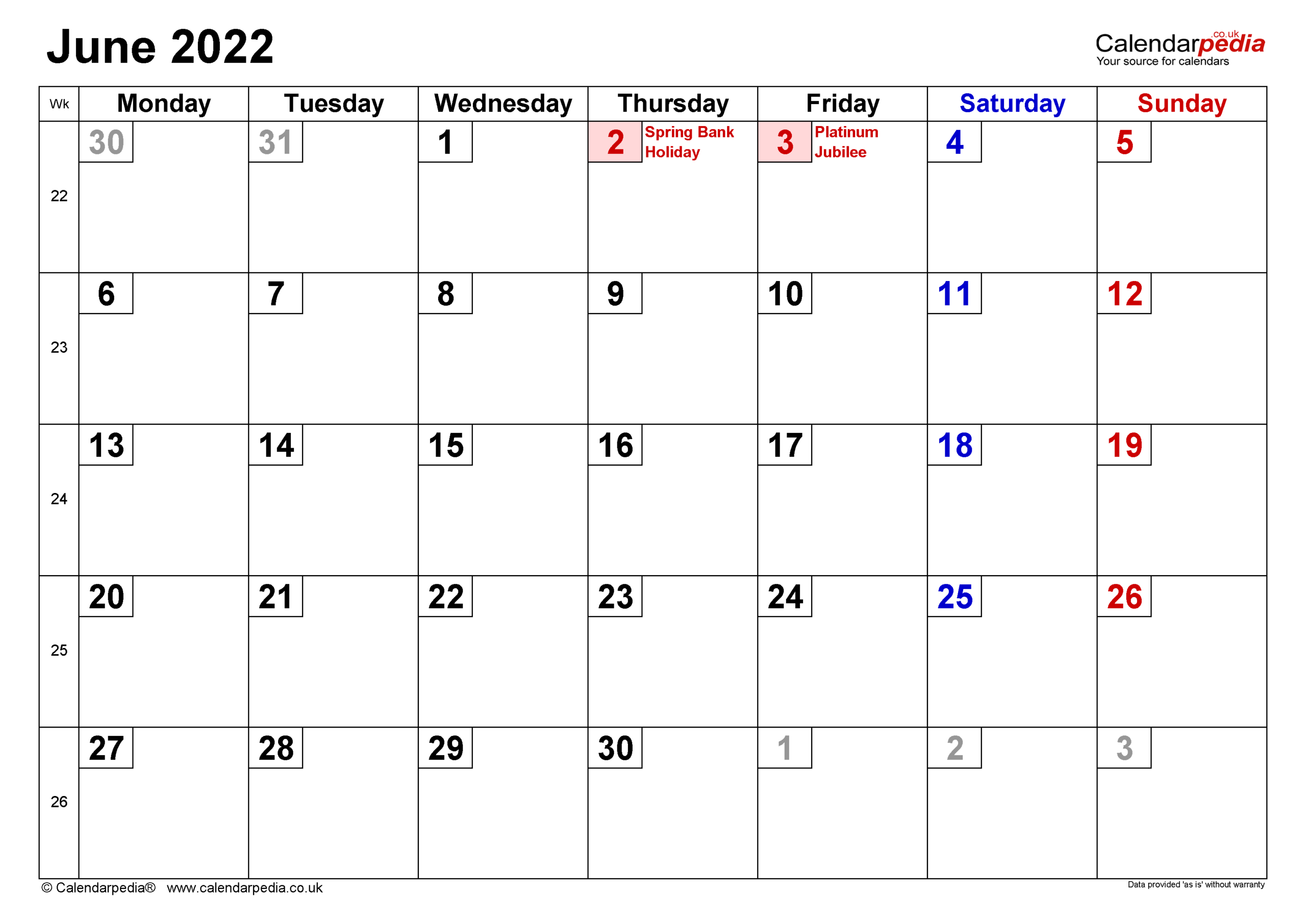 Calendar June 2022 Uk With Excel, Word And Pdf Templates