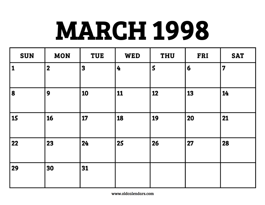 Calendar March 1998 - Printable Old Calendars
