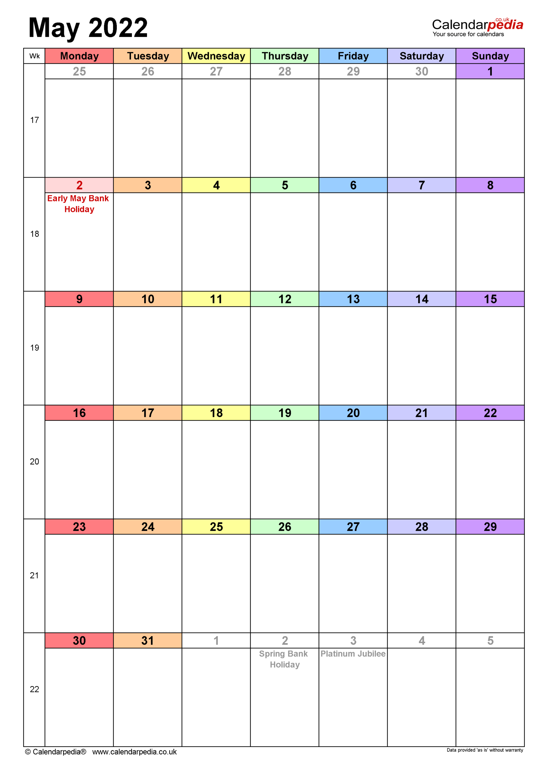 Calendar May 2022 Uk With Excel, Word And Pdf Templates