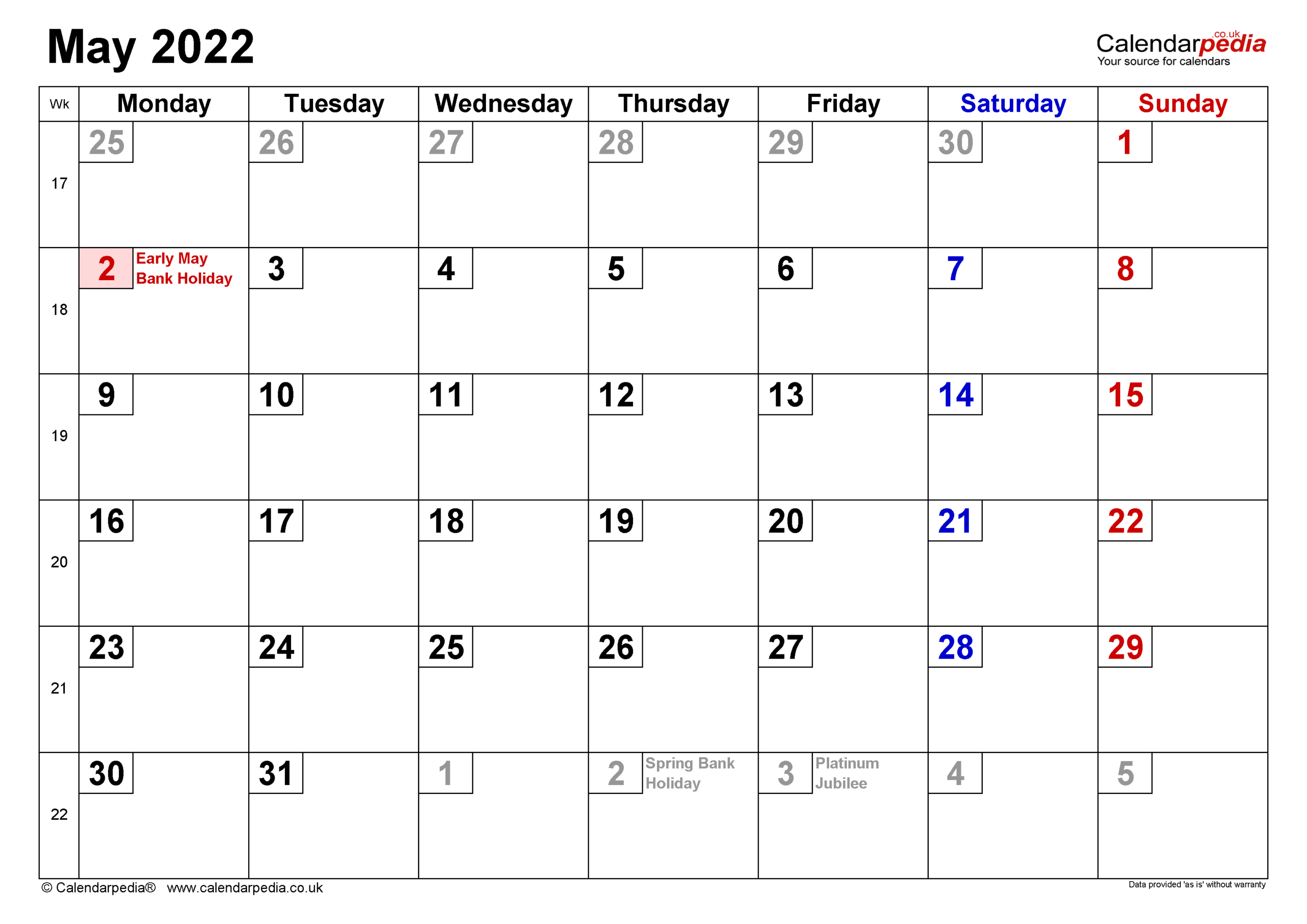 Calendar May 2022 Uk With Excel, Word And Pdf Templates