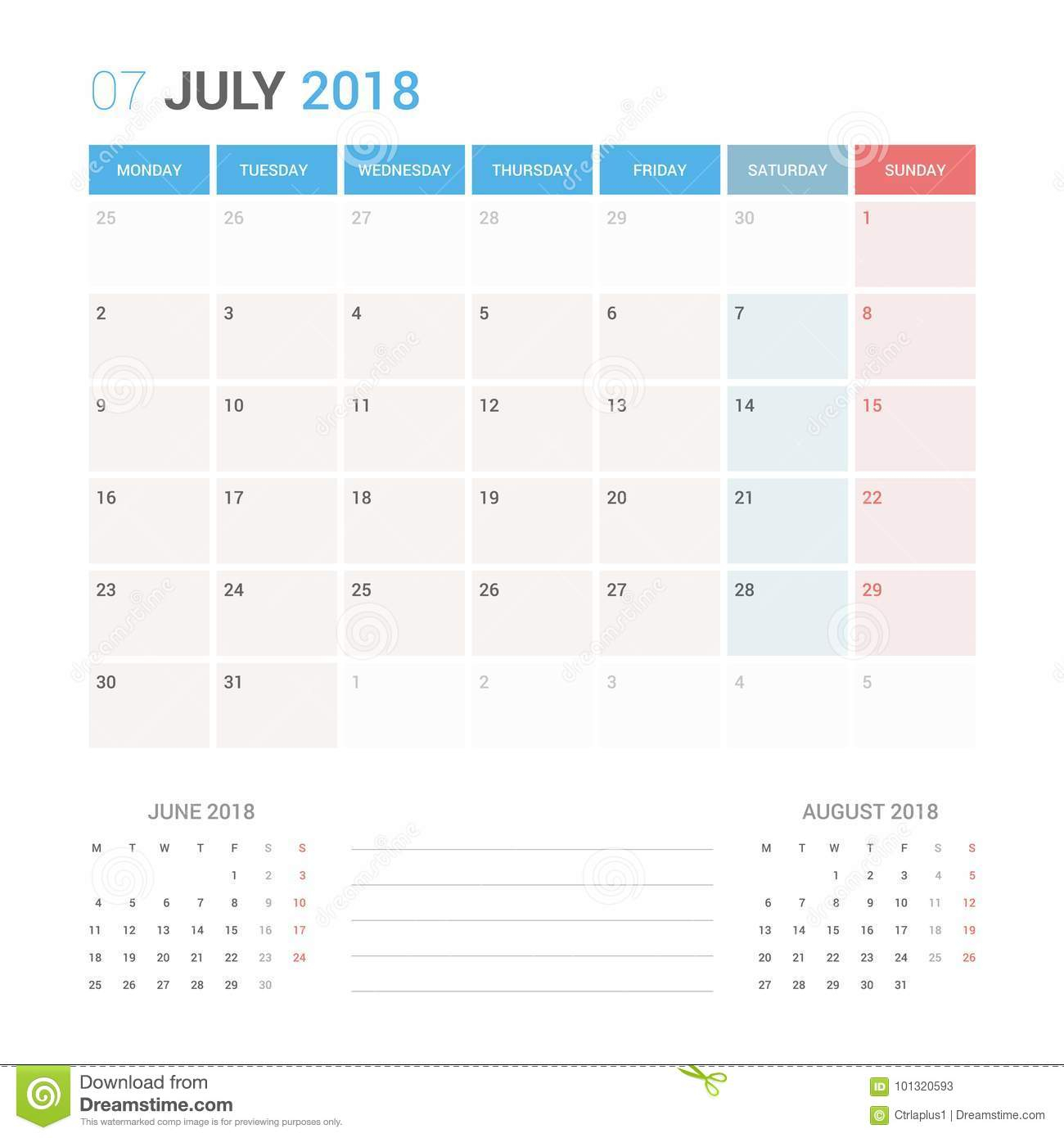 Calendar Planner For July 2018 Vector Design Template