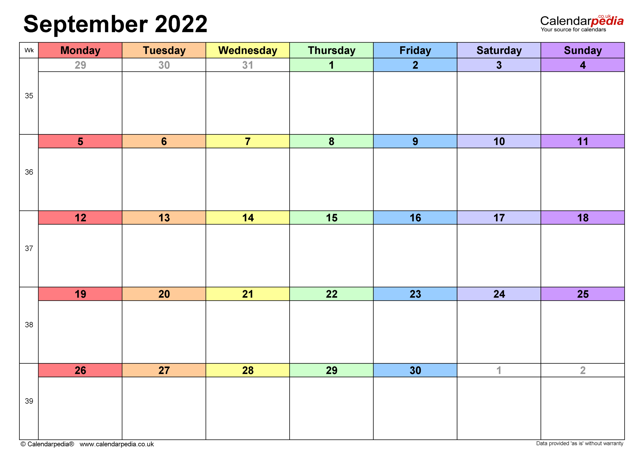 Calendar September 2022 Uk With Excel, Word And Pdf Templates