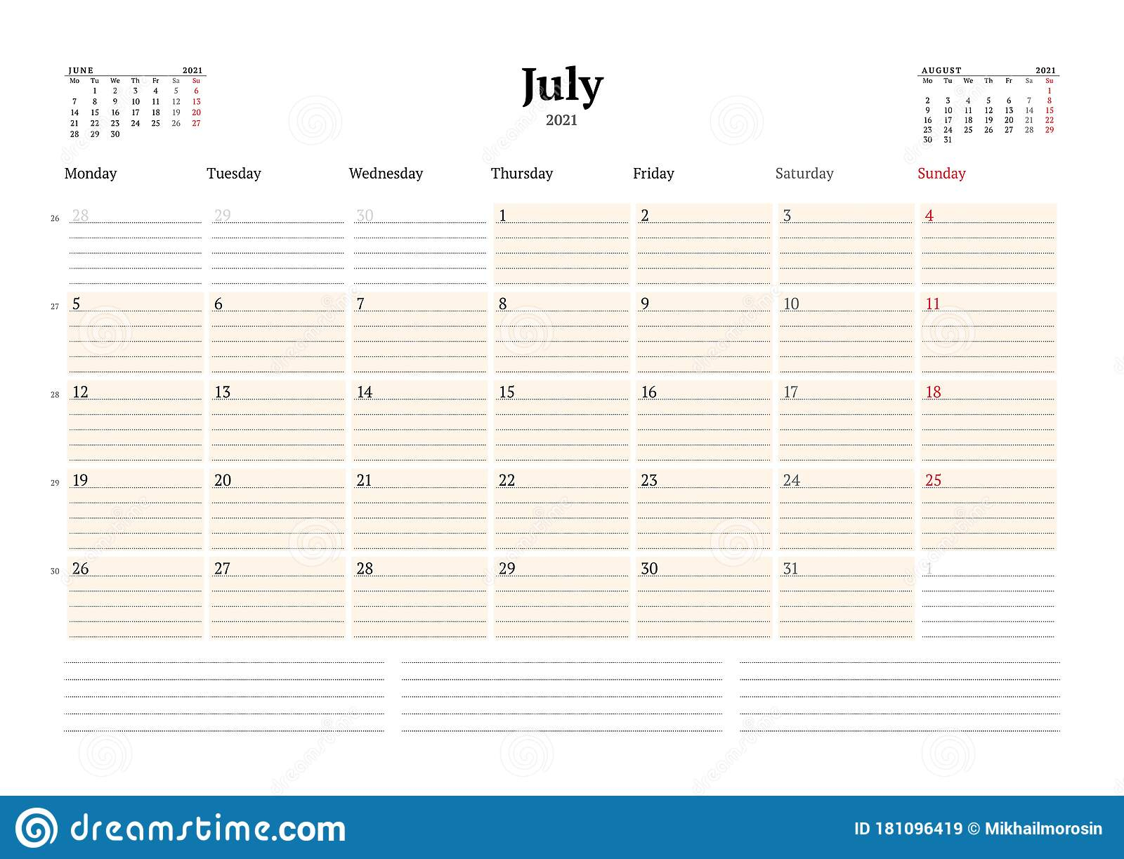 Calendar Template For July 2021. Business Monthly Planner