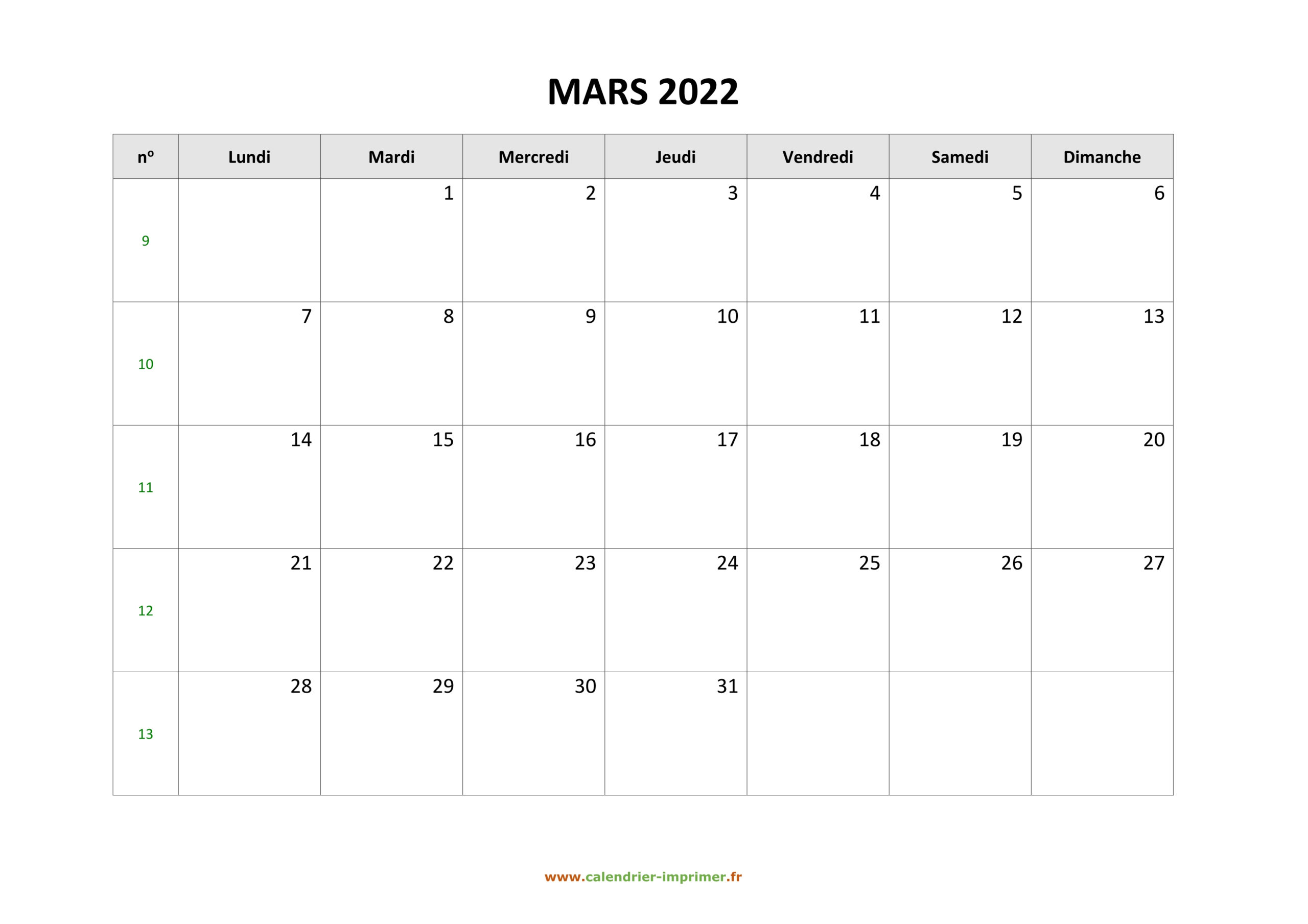 Calendrier Mars 2022 À Imprimer