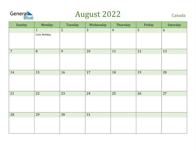 Canada August 2022 Calendar With Holidays