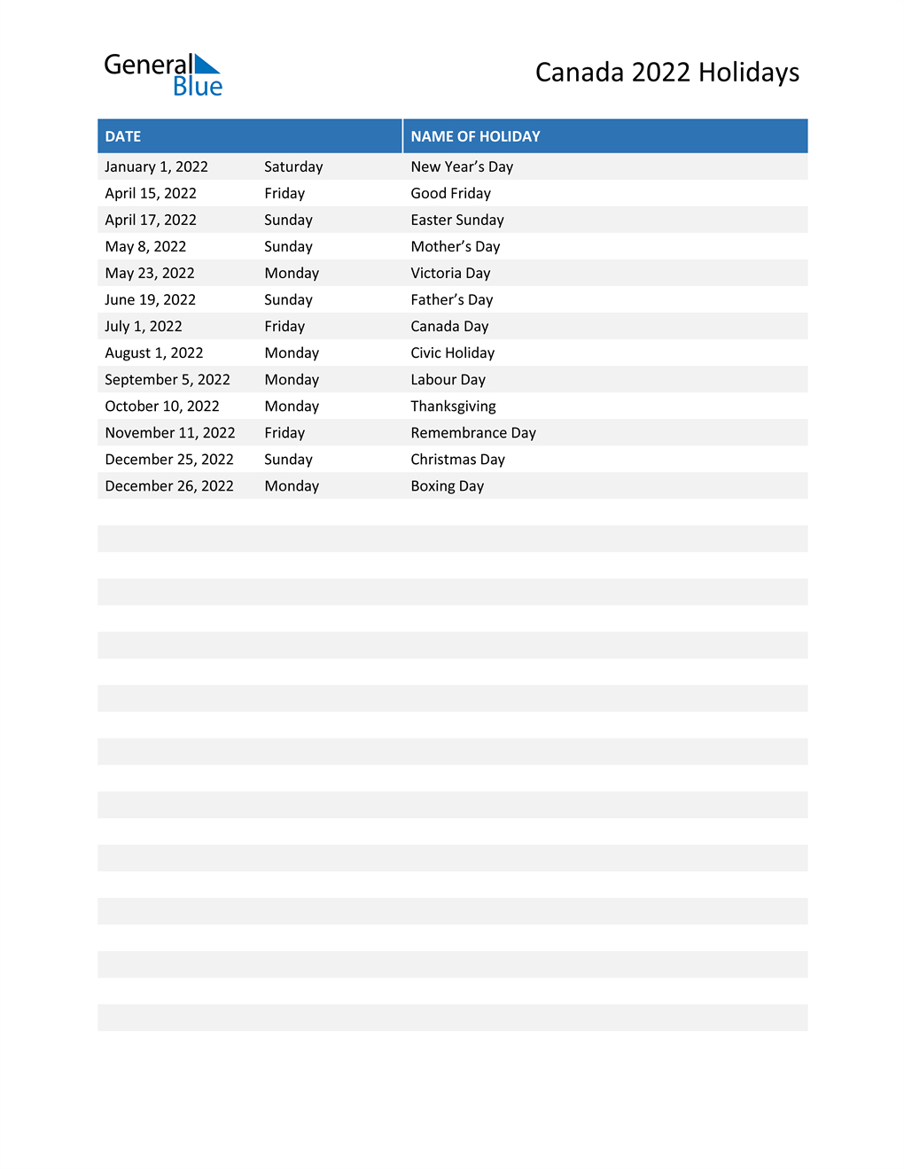 Canada Holidays 2022 In Pdf, Word And Excel