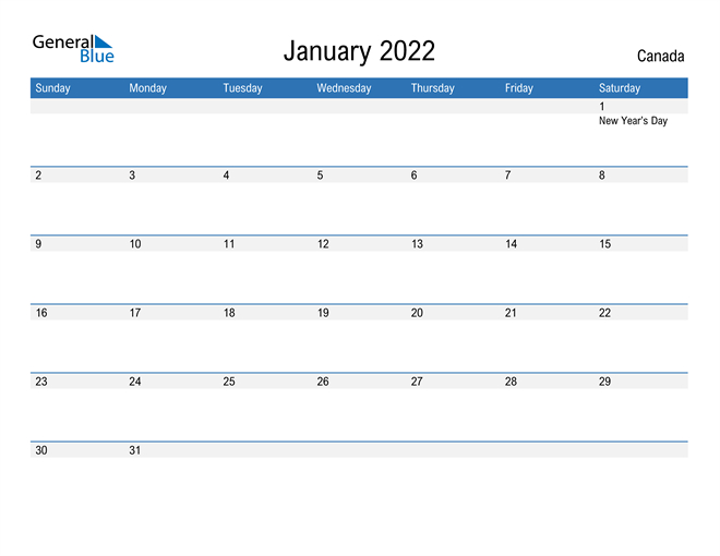 Canada January 2022 Calendar With Holidays