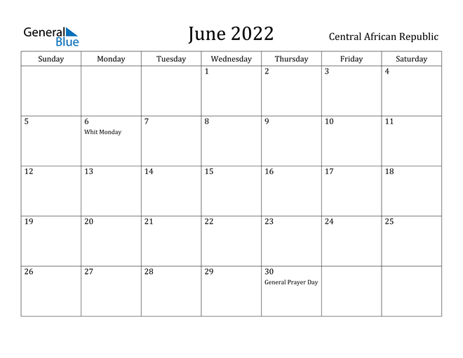 Central African Republic June 2022 Calendar With Holidays