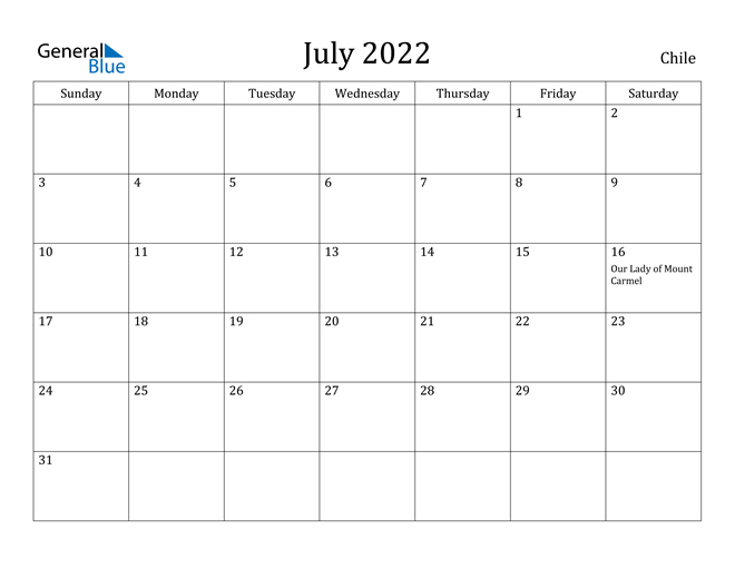 Chile July 2022 Calendar With Holidays