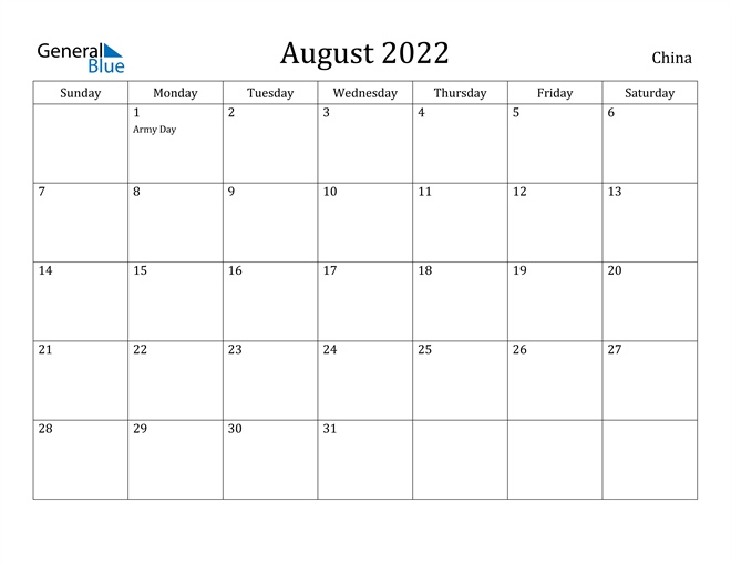 China August 2022 Calendar With Holidays