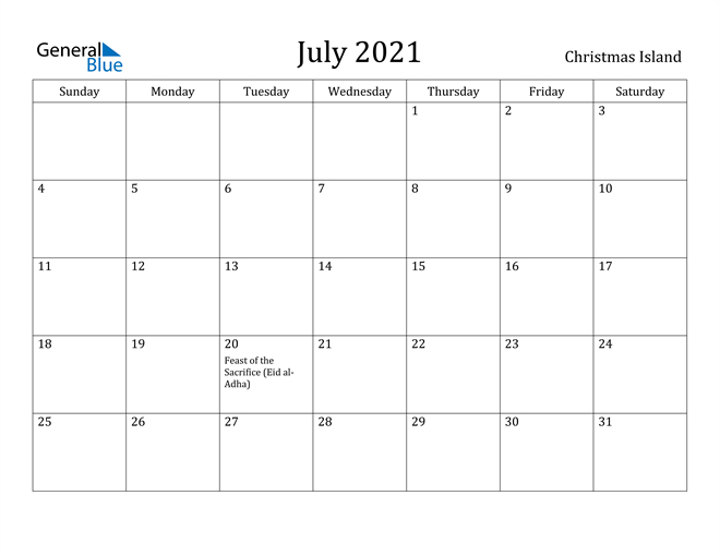 Christmas Island July 2021 Calendar With Holidays