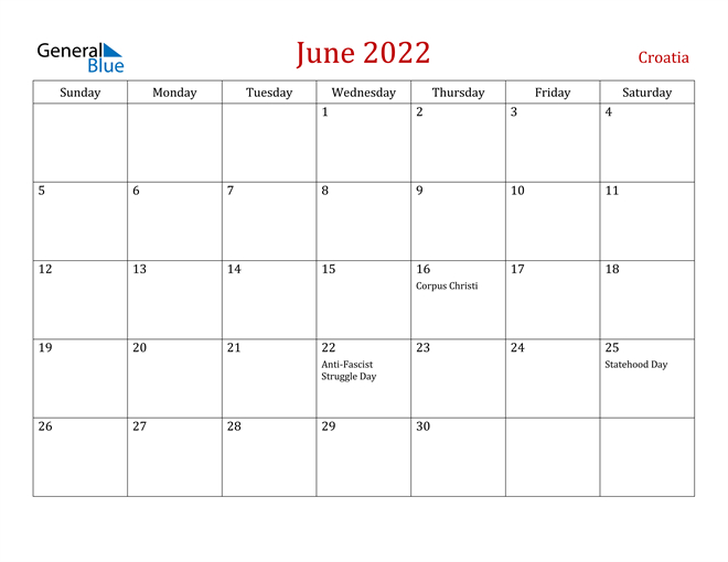 Croatia June 2022 Calendar With Holidays