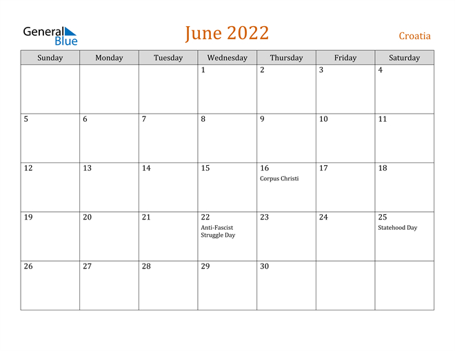 Croatia June 2022 Calendar With Holidays