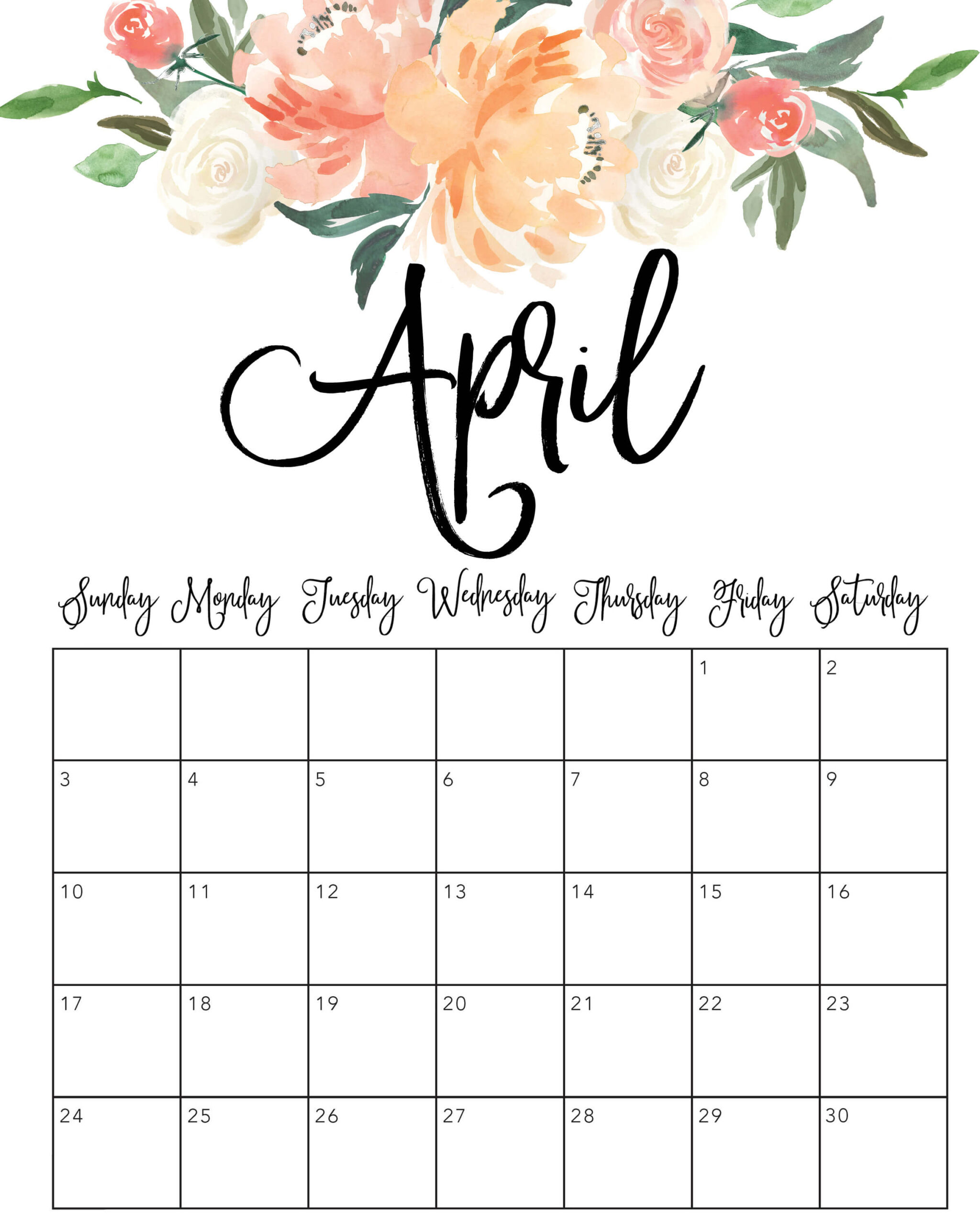 Cute April 2022 Calendar Printable - Floral Designs