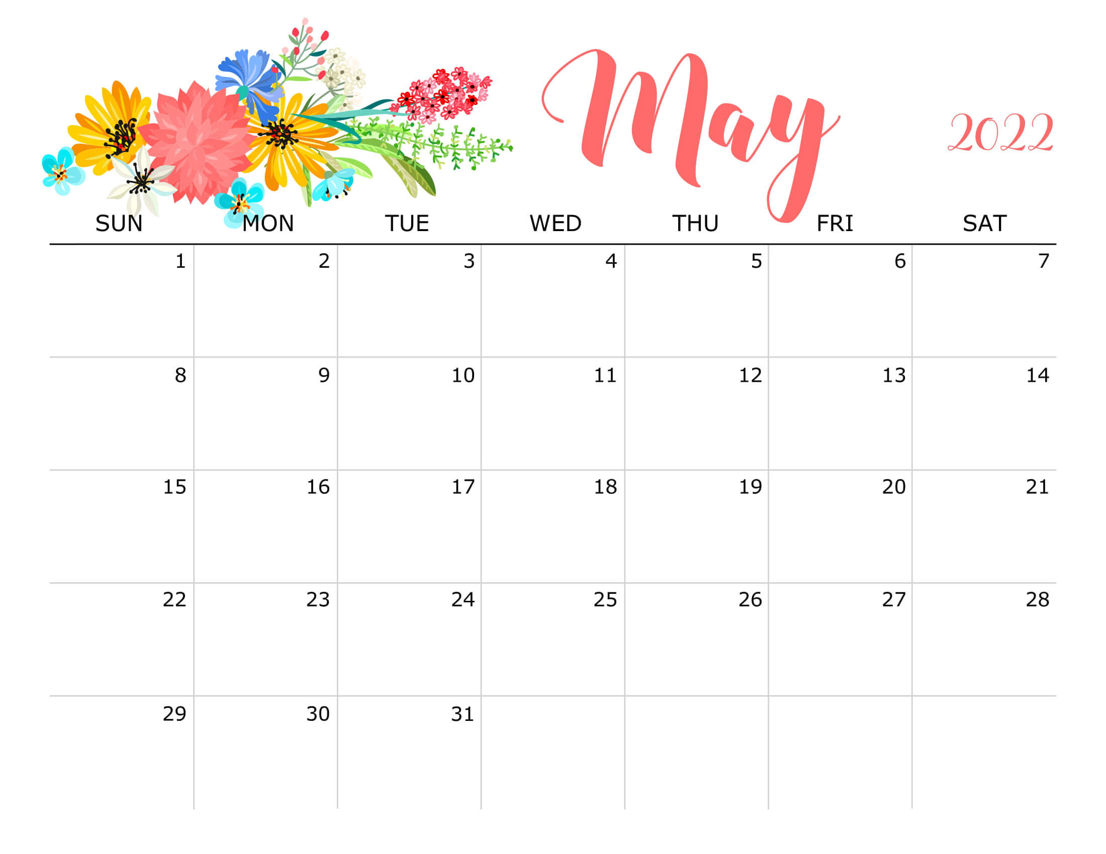 Cute May 2022 Calendar Printable - Floral Designs