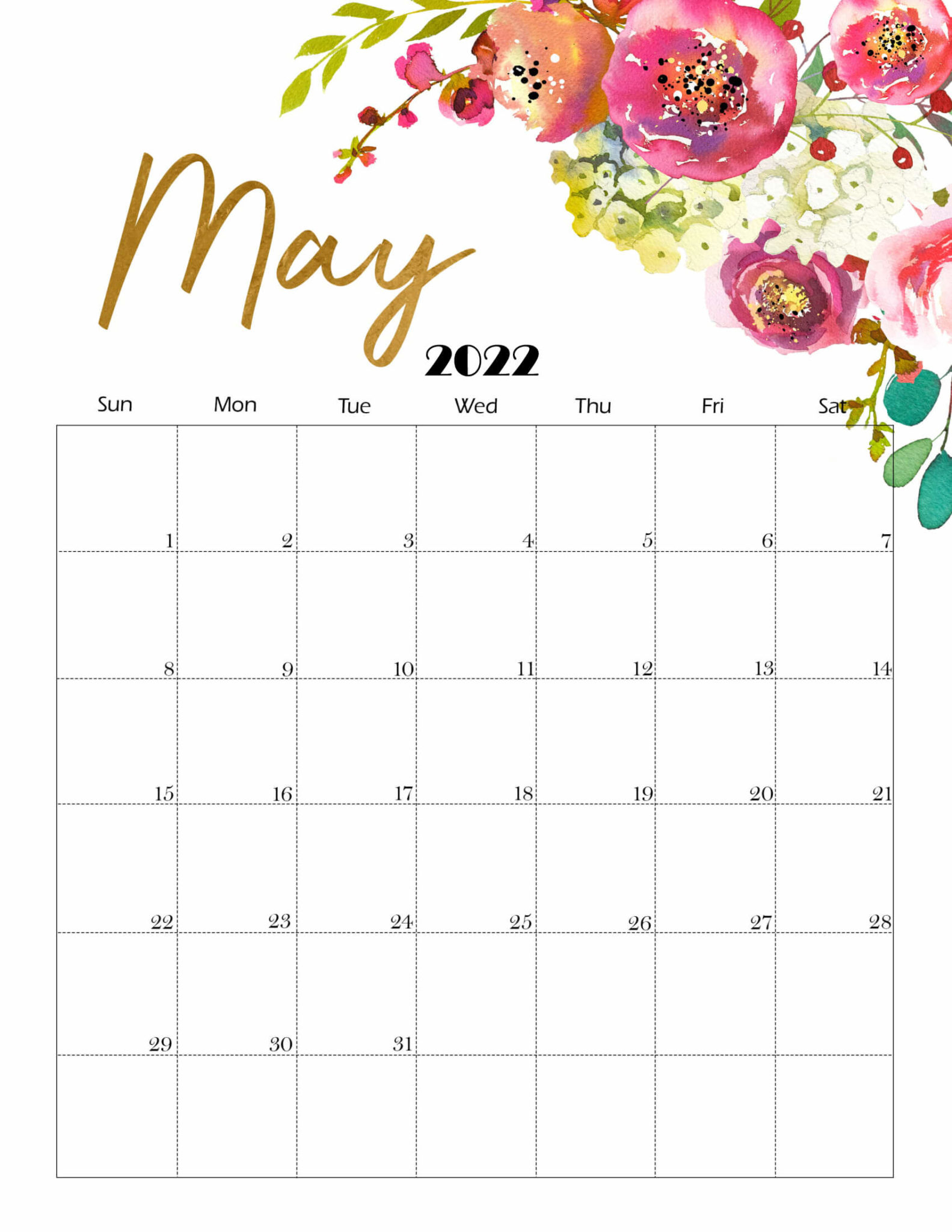 Cute May 2022 Calendar Printable - Floral Designs