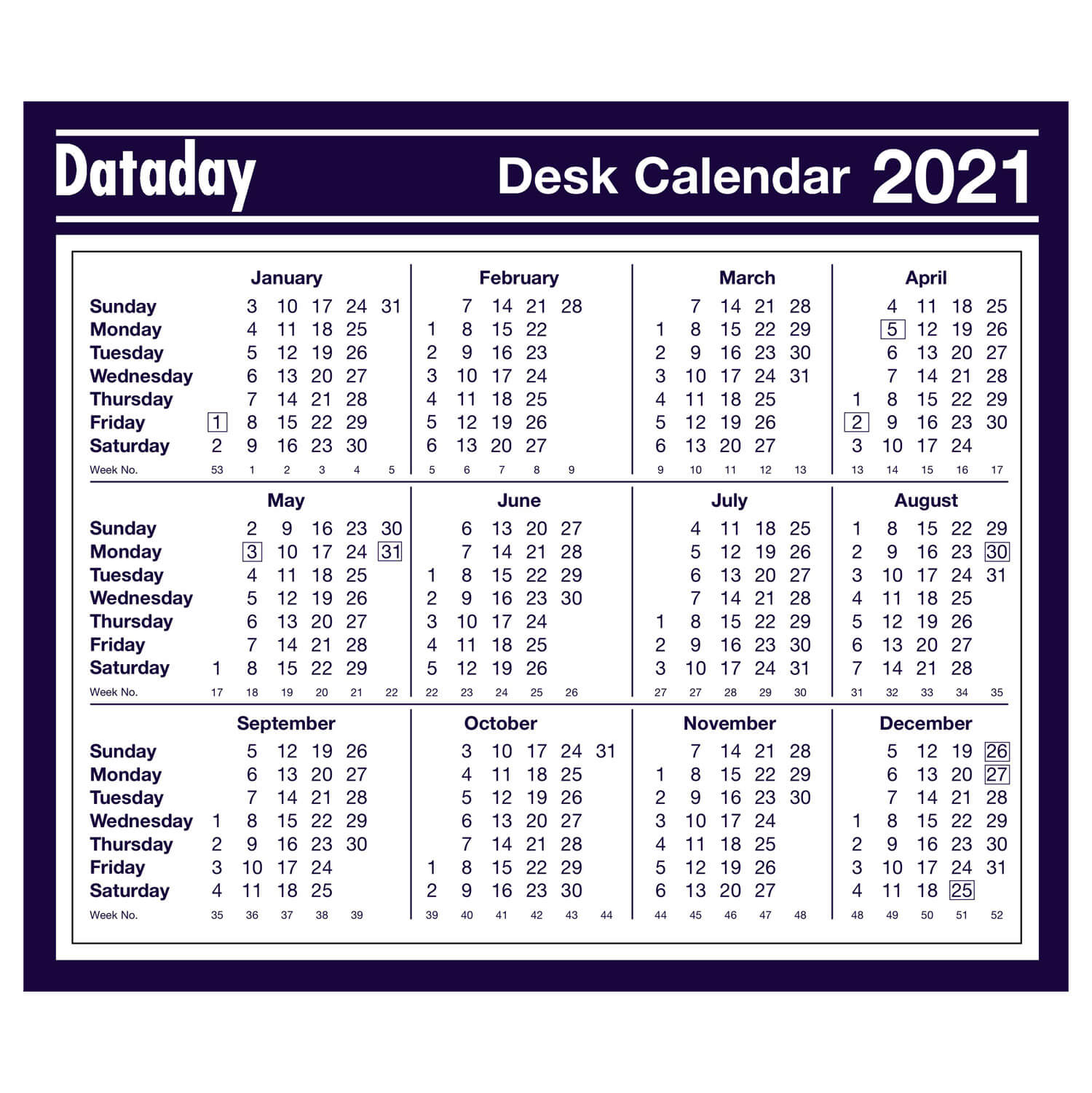 Dataday 2021 Year To View Calendar | Jarrold, Norwich