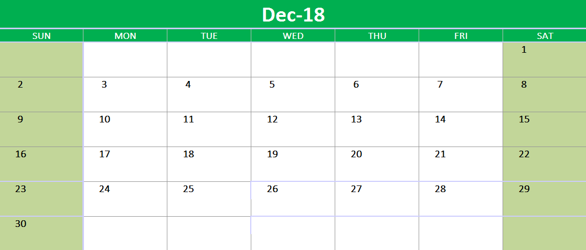 December 2018 Google Sheet Calendar | Calendar Printables