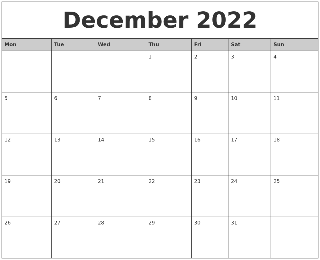 December 2022 Monthly Calendar Printable