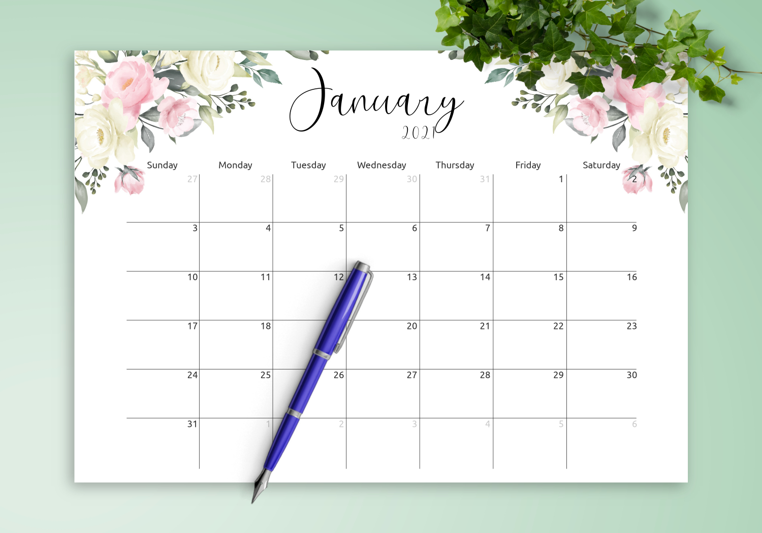 Download Printable Floral Design Monthly Calendar Pdf