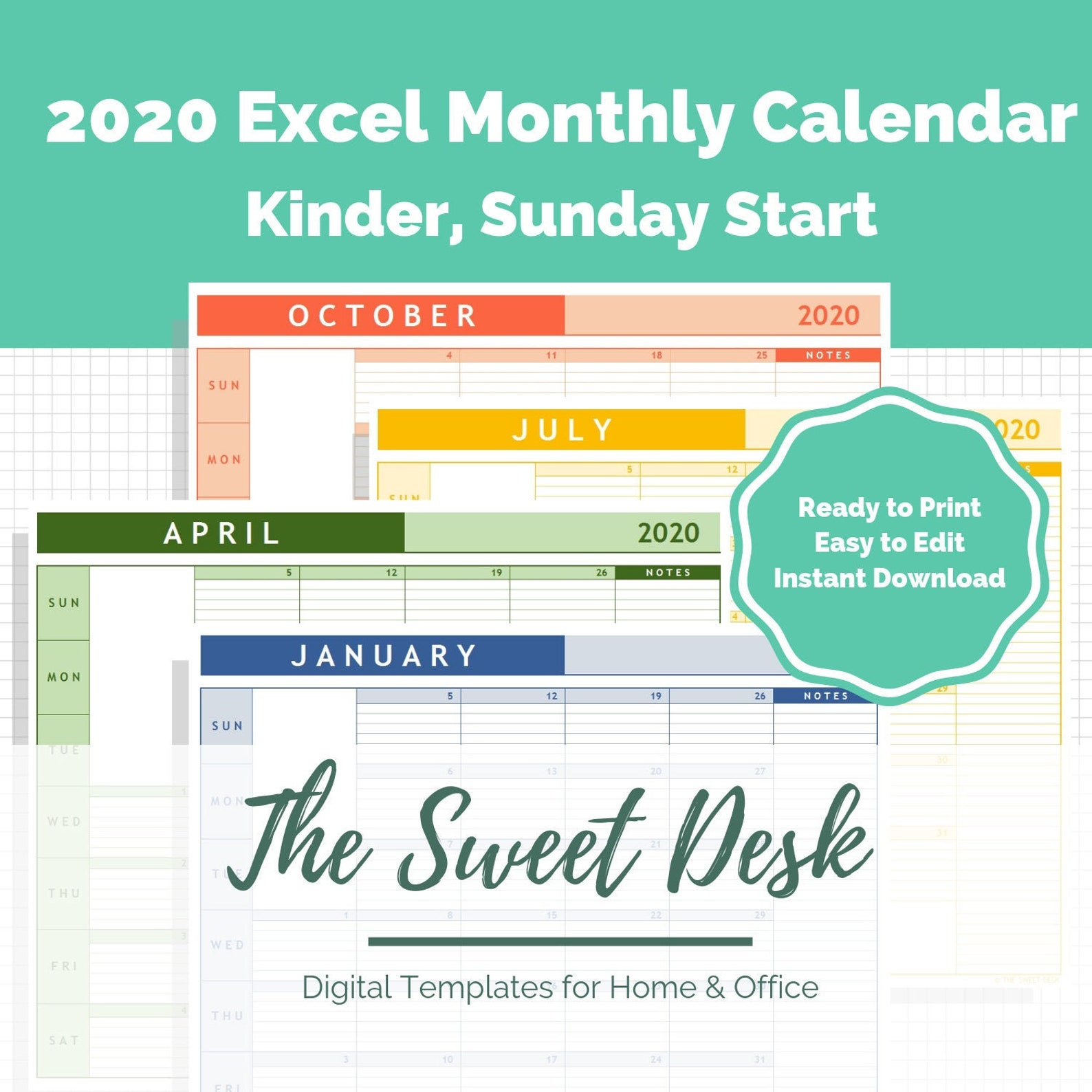 Editable 2020 Excel Calendar Template Lined Vertical | Etsy