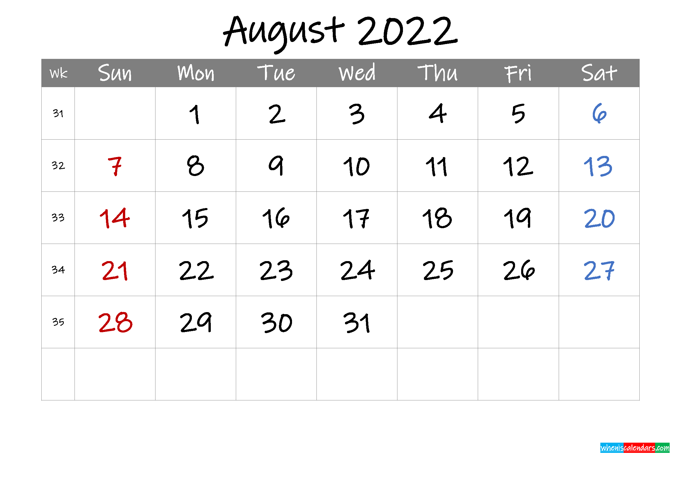 Editable August 2022 Calendar With Holidays - Template Ink22M8