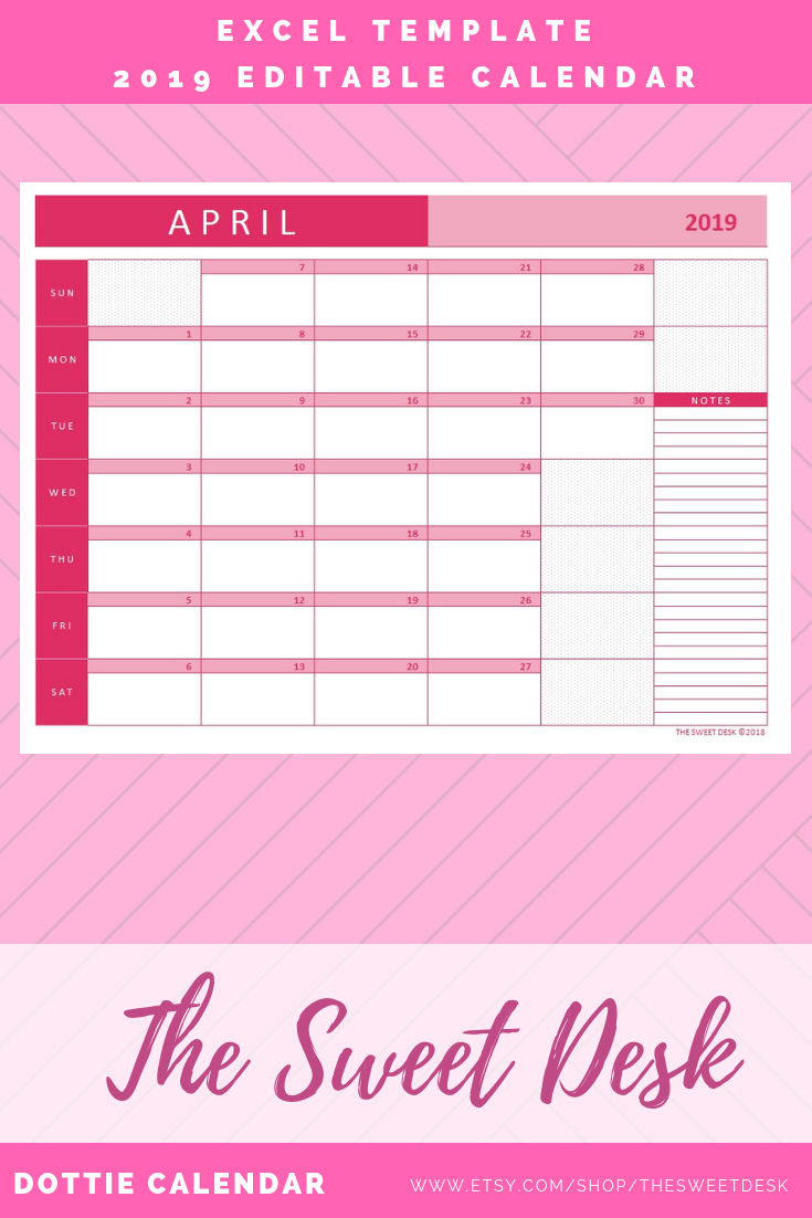 Editable Excel Monthly Calendar 2019, Printable Calendar