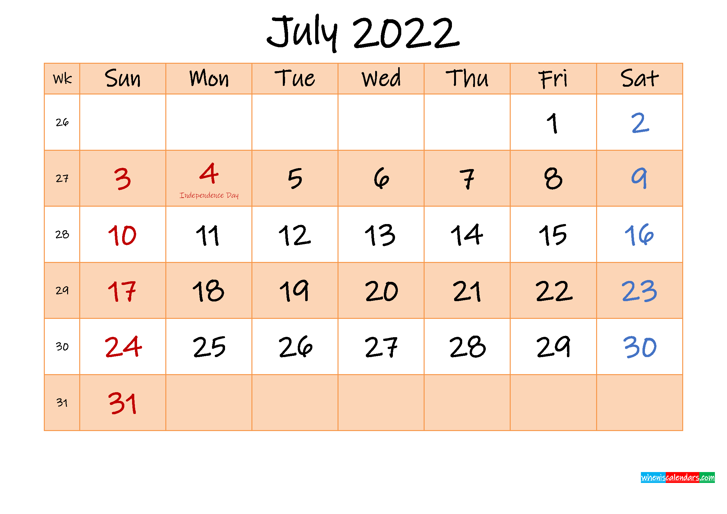 Editable July 2022 Calendar - Template No.ink22M487