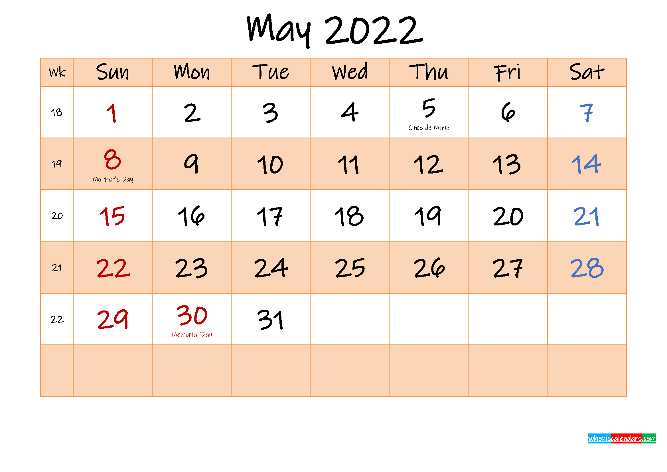 Editable May 2022 Calendar - Template No.ink22M485 - Free