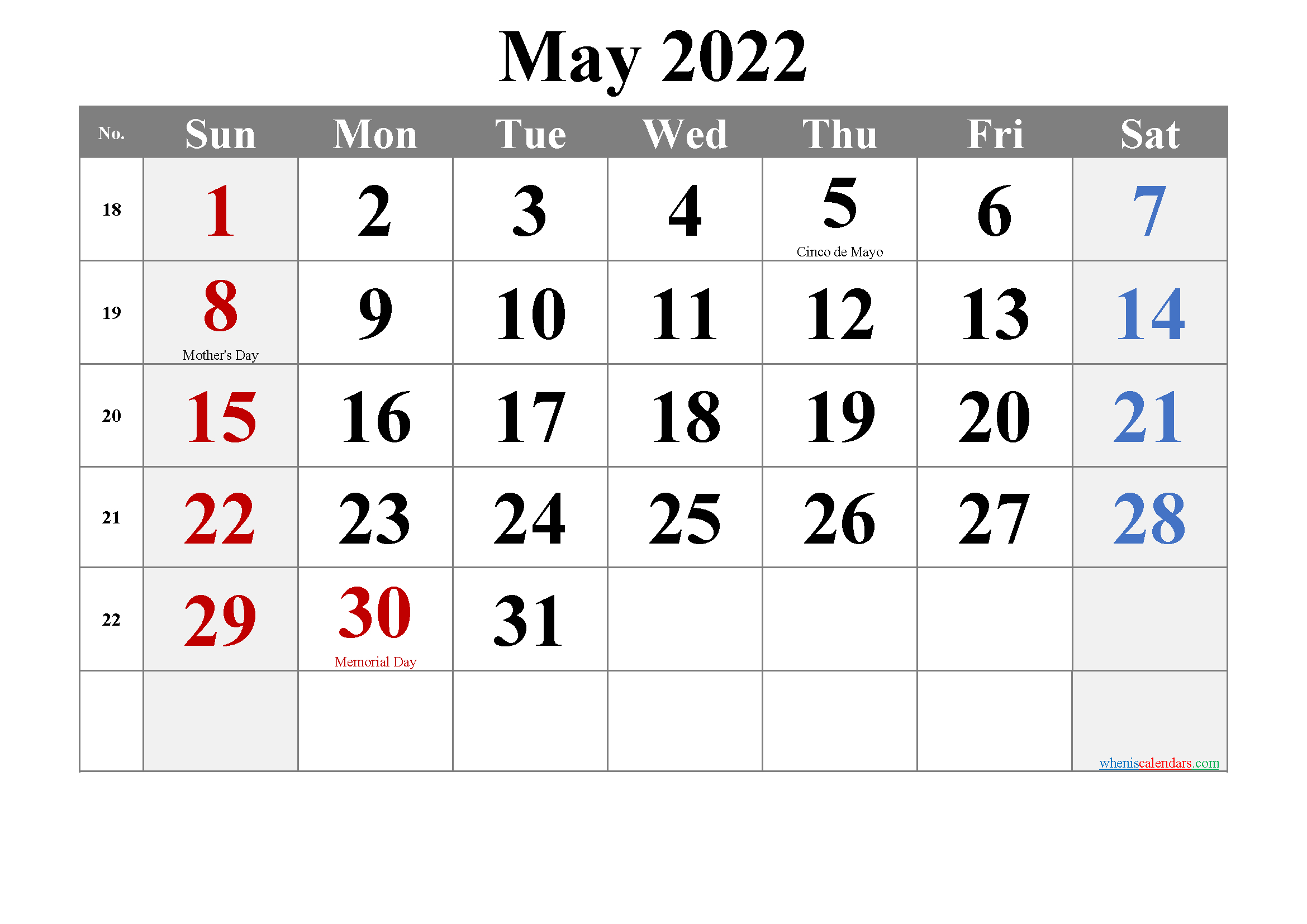 Editable May 2022 Calendar-Template No.tr22M17 - Free