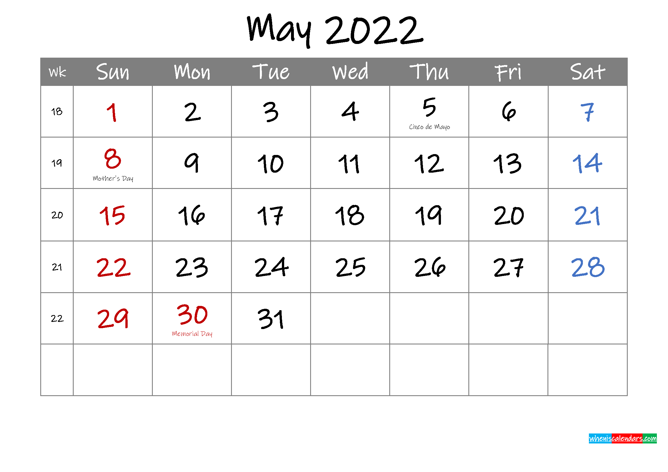 Editable May 2022 Calendar With Holidays - Template