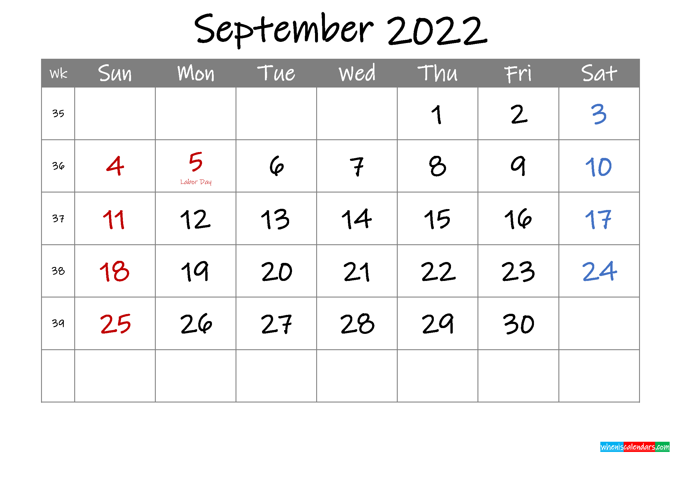 Editable September 2022 Calendar With Holidays - Template