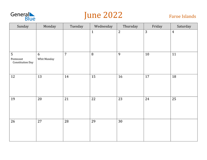 Faroe Islands June 2022 Calendar With Holidays
