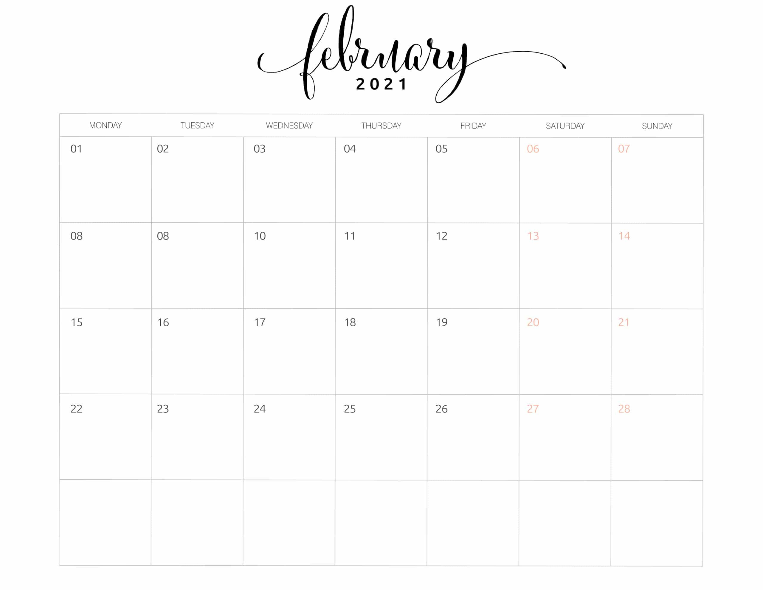 February 2021 Calendar Printable Monday Start / February