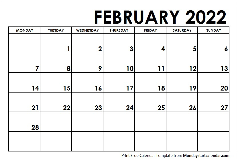 February 2022 Calendar Monday Start | February Month Template