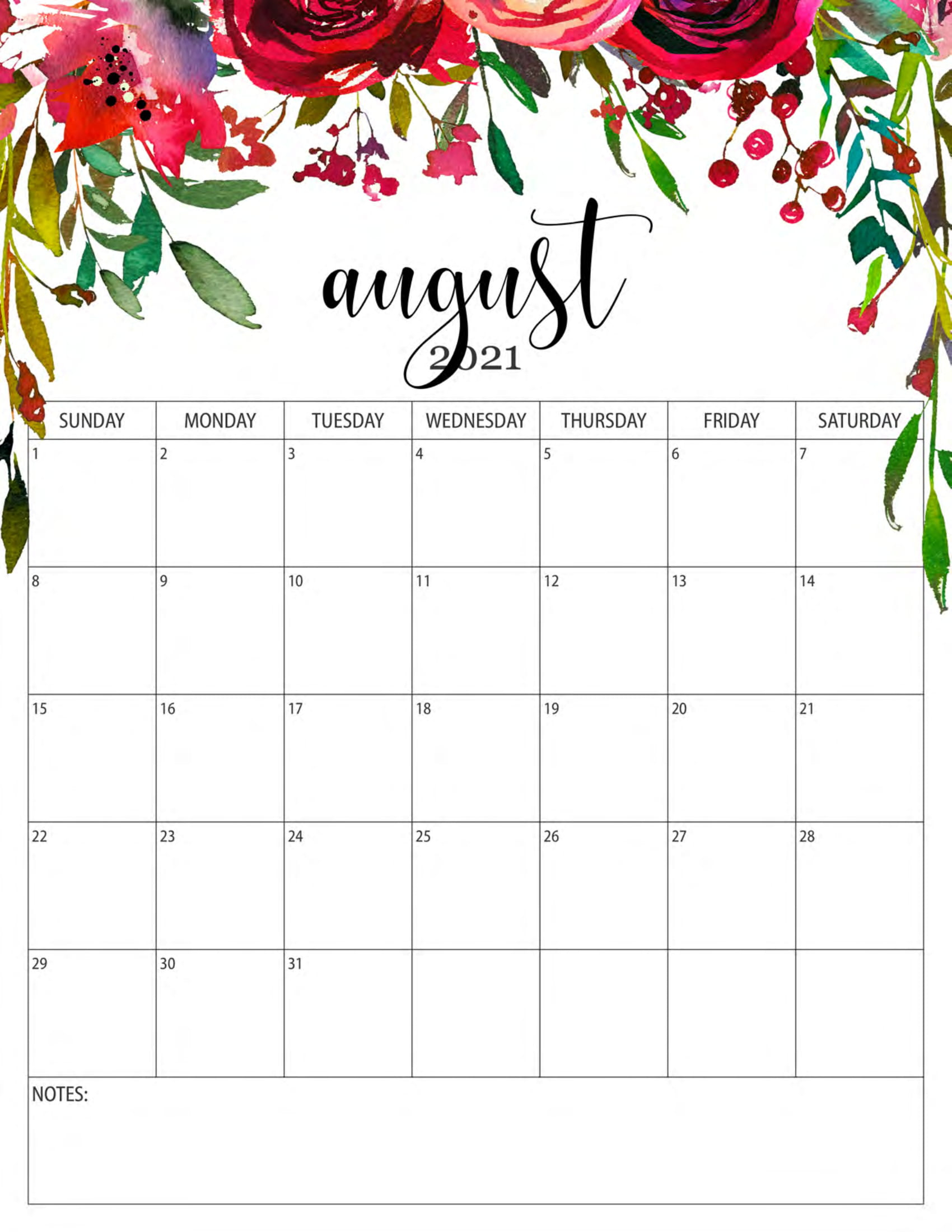 Floral August 2021 Calendar Templates - Printable 2020