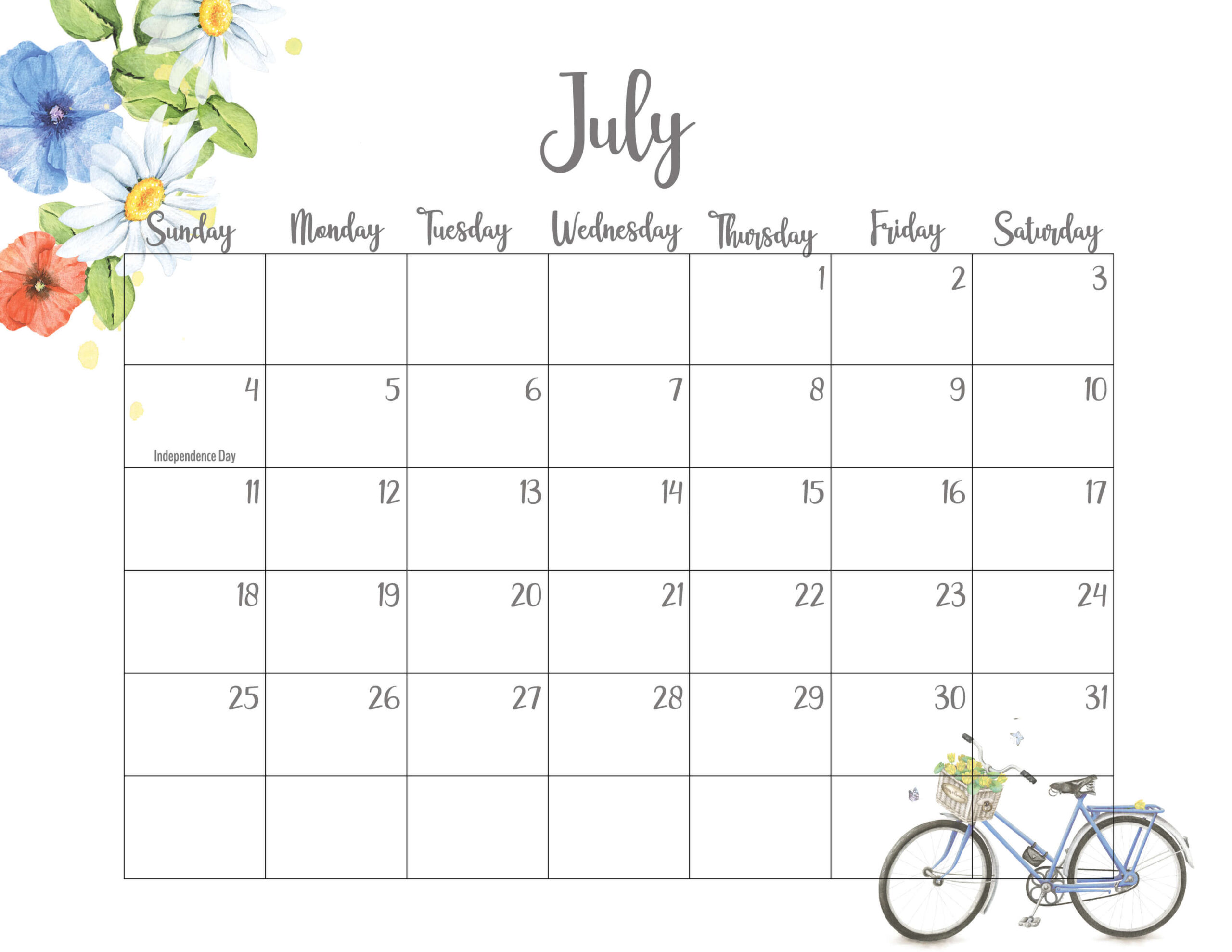 Floral July 2021 Calendar Printable - Cute Designs