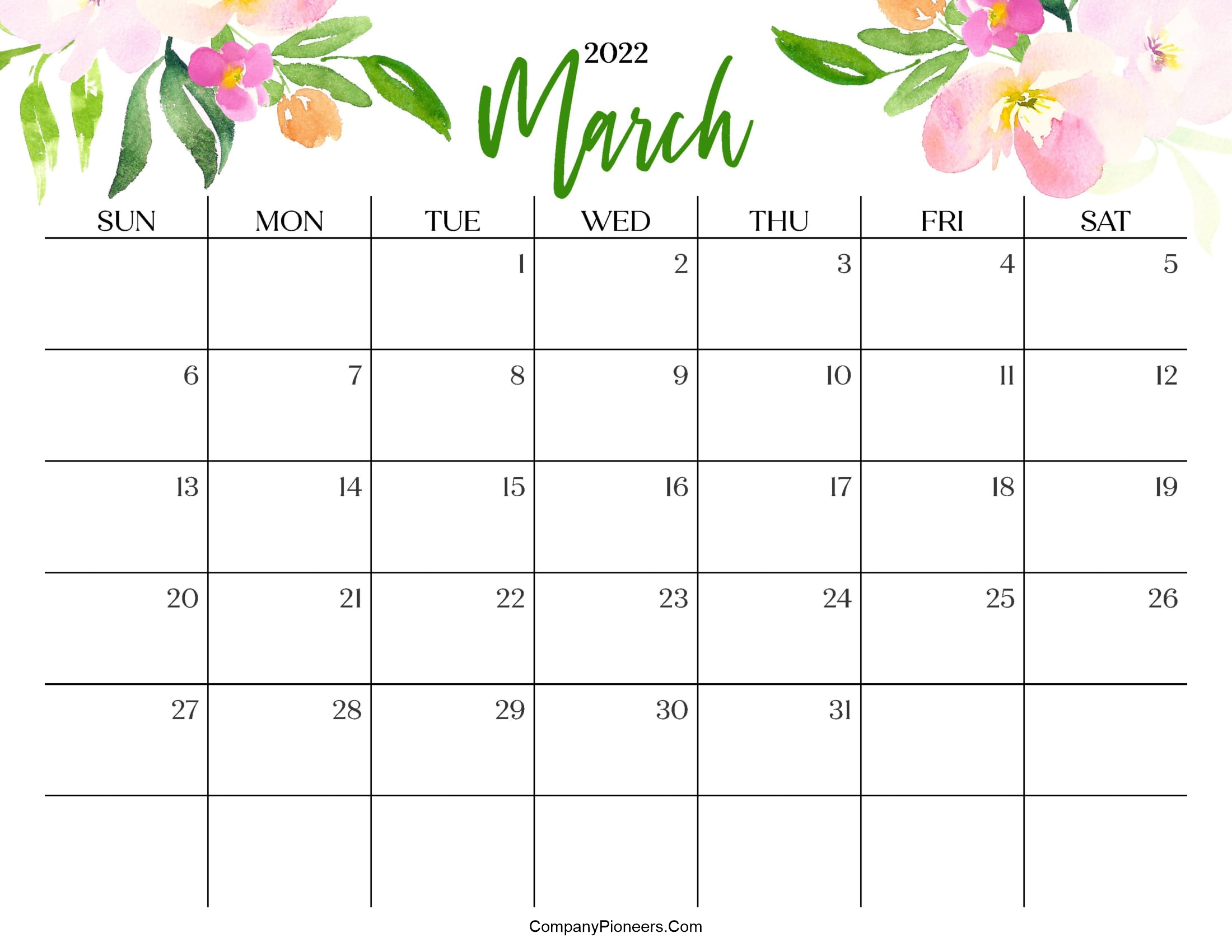 Floral March 2022 Calendar Templates - Printable 2021
