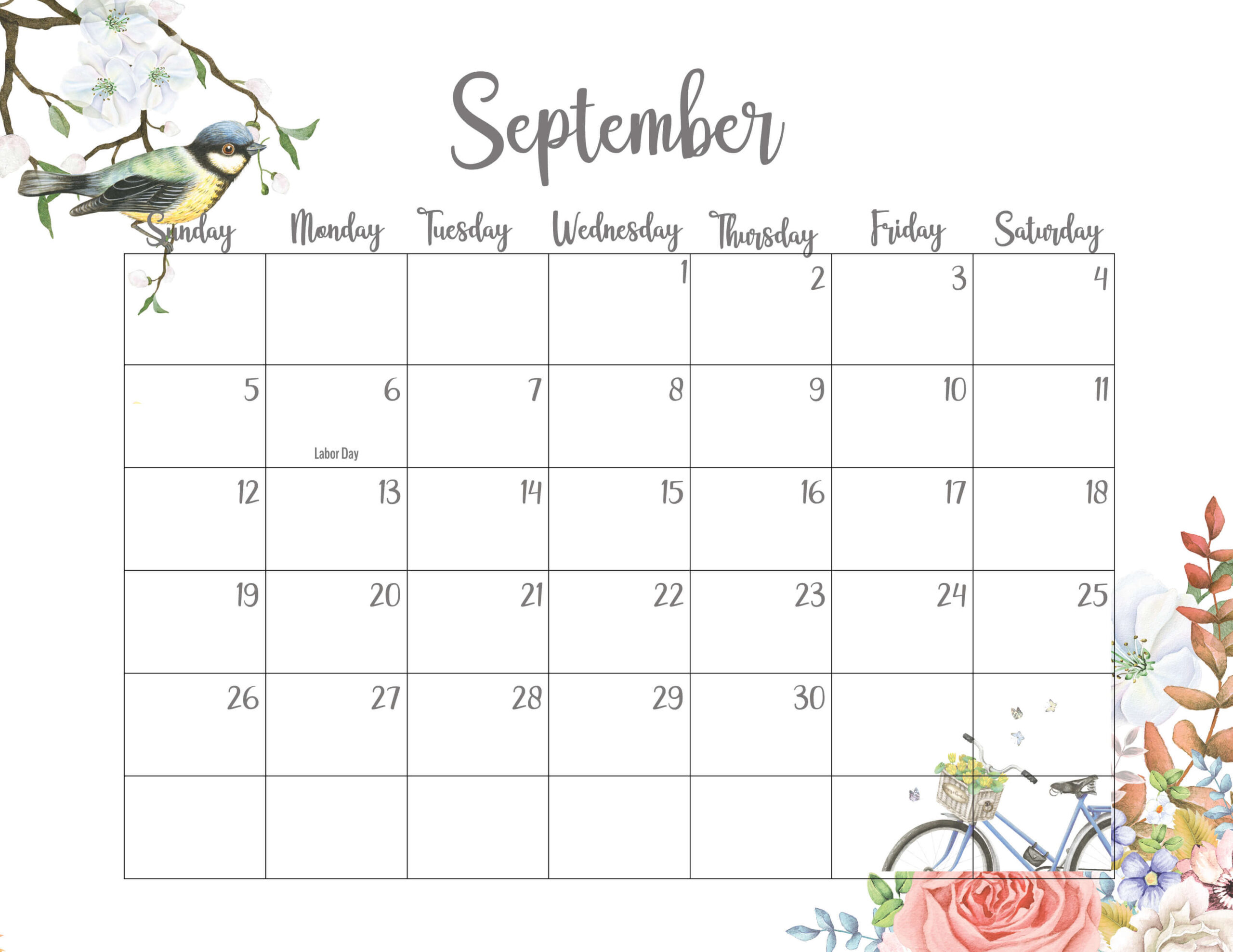 Floral September 2021 Calendar Printable - Cute Designs