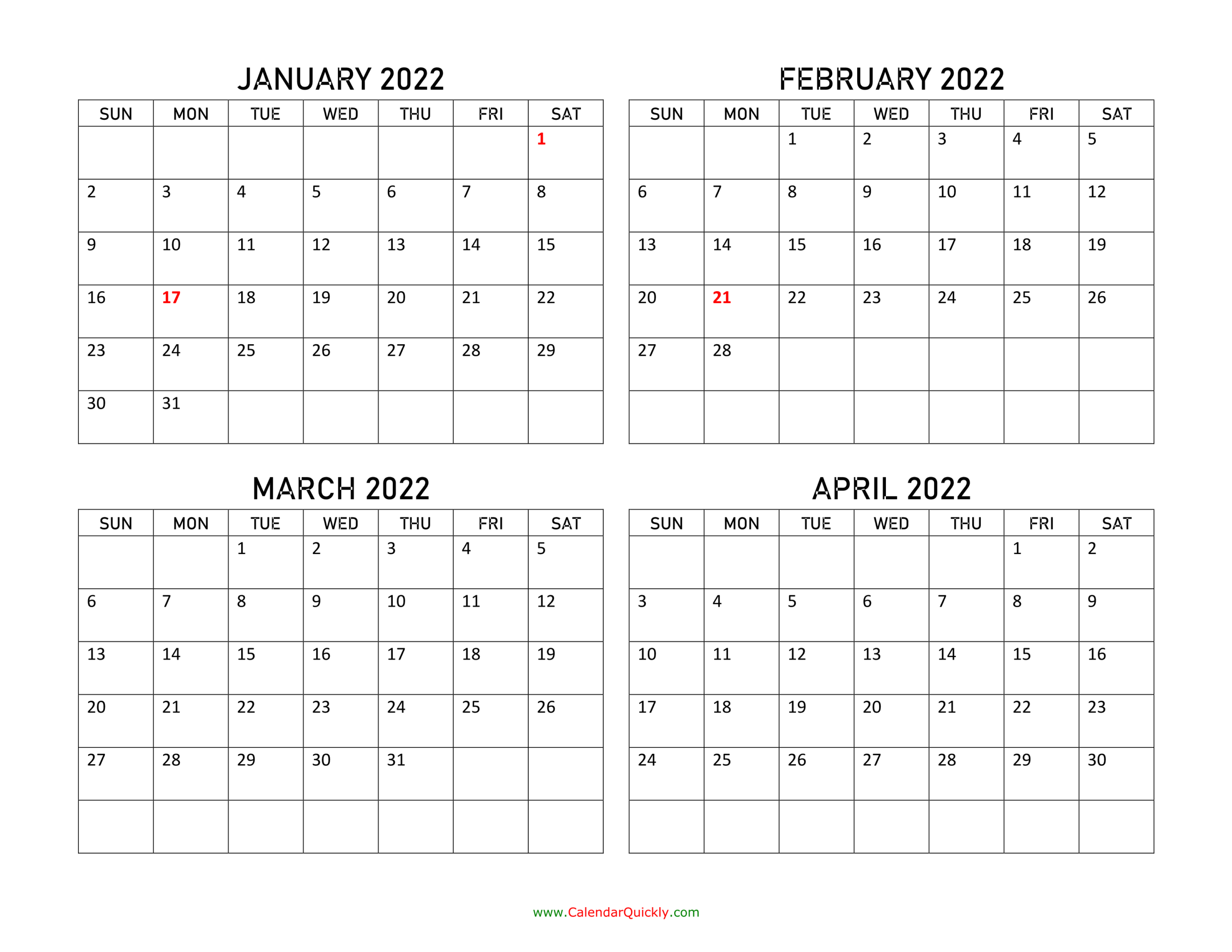 Four Months 2022 Calendar | Calendar Quickly