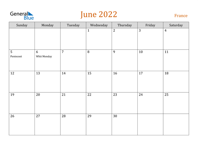 France June 2022 Calendar With Holidays